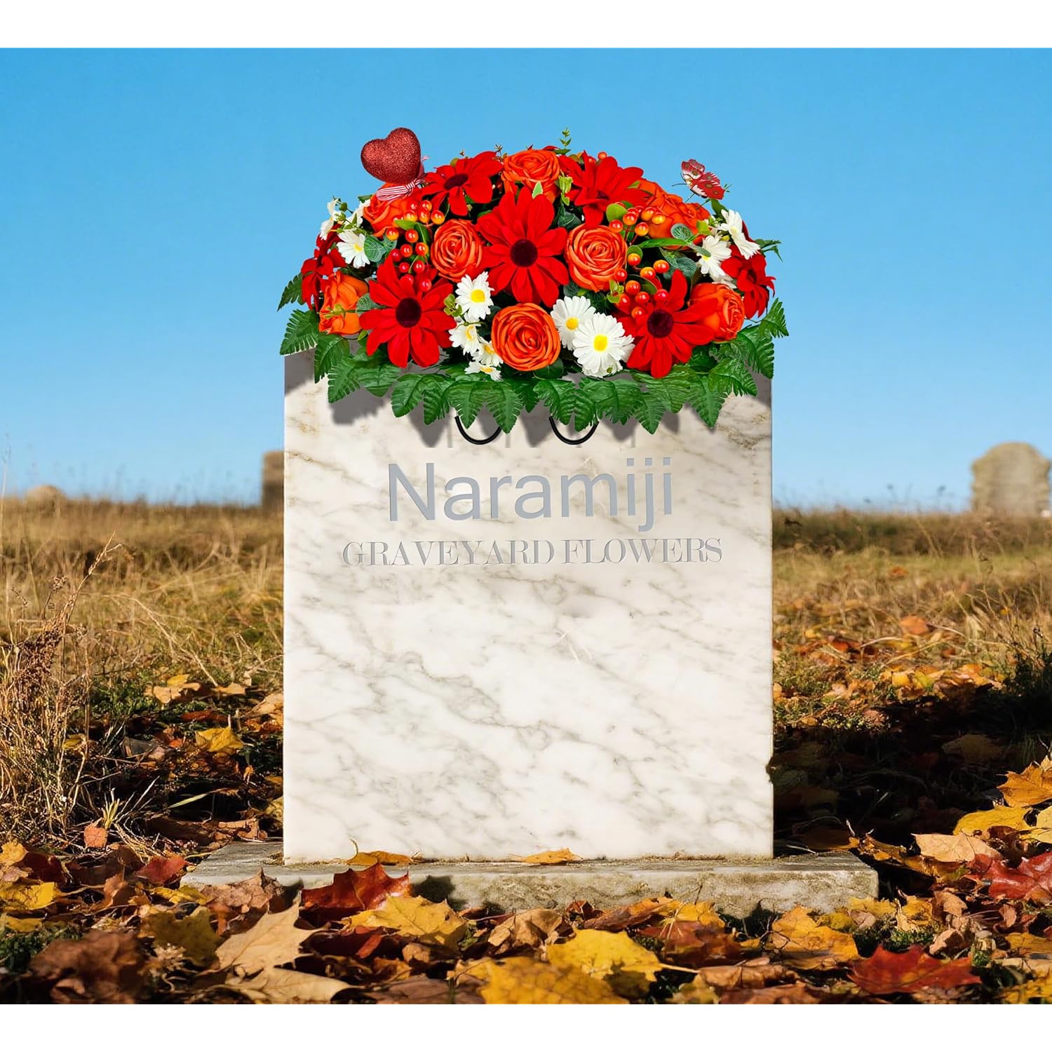 Artificial Cemetery Flowers For Grave Vase - Headstone Flower Saddle - Sympathy Flower Of Vibrant Rose Sunflower Daisy Berry, Colorfast And Easy Fit