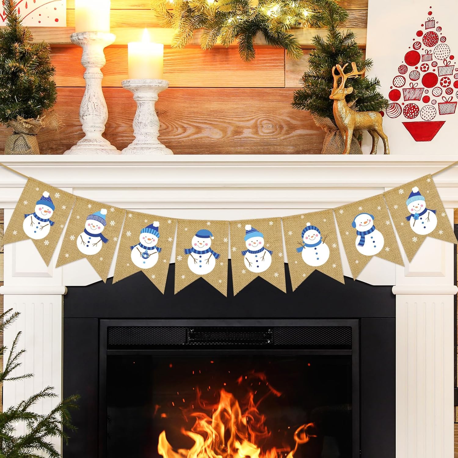 Winter Burlap Banner Blue White Snowman Snowflake Pre-Assembled Bunting Garland For Christmas Winter Holiday Party Hanging Decorations