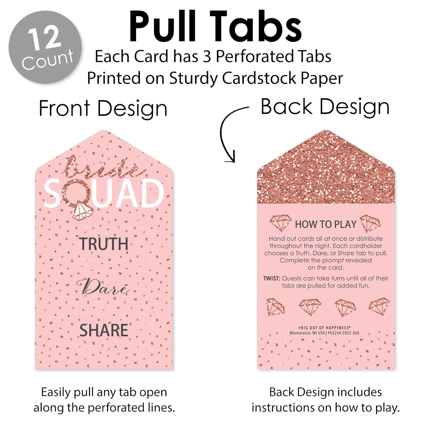 Big Dot of Happiness Bride Squad - Rose Gold Bridal Shower or Bachelorette Party Game Pickle Cards - Truth, Dare, Share Pull Tabs - Set of 12