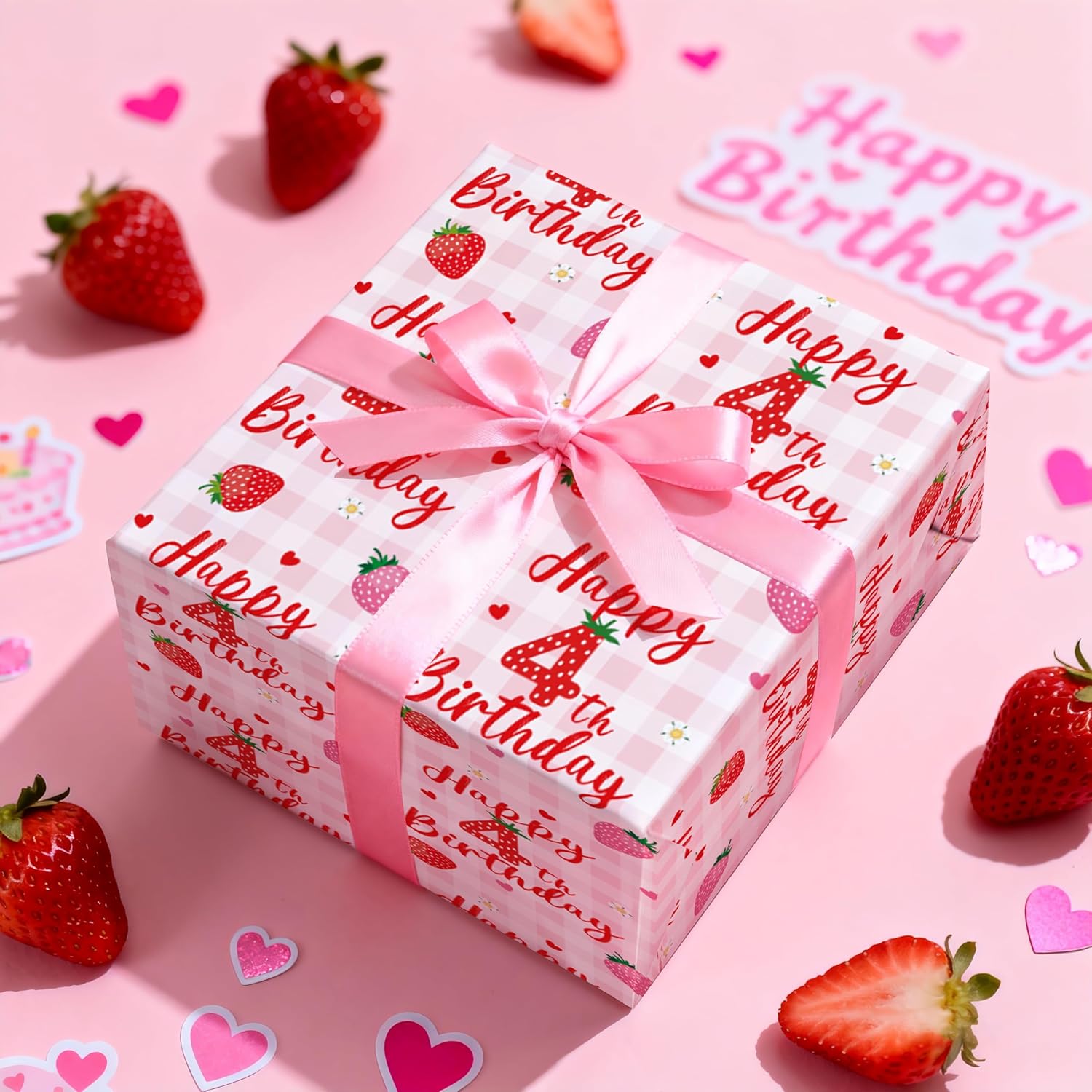 Happy 4Th Birthday Wrapping Paper Roll, Strawberry & Pink Gingham Gift Wrap For Girl’S Fourth Birthday Party, Toddler Age4 Decorations & Presents, Mini Roll 17 In X 16.4 Ft