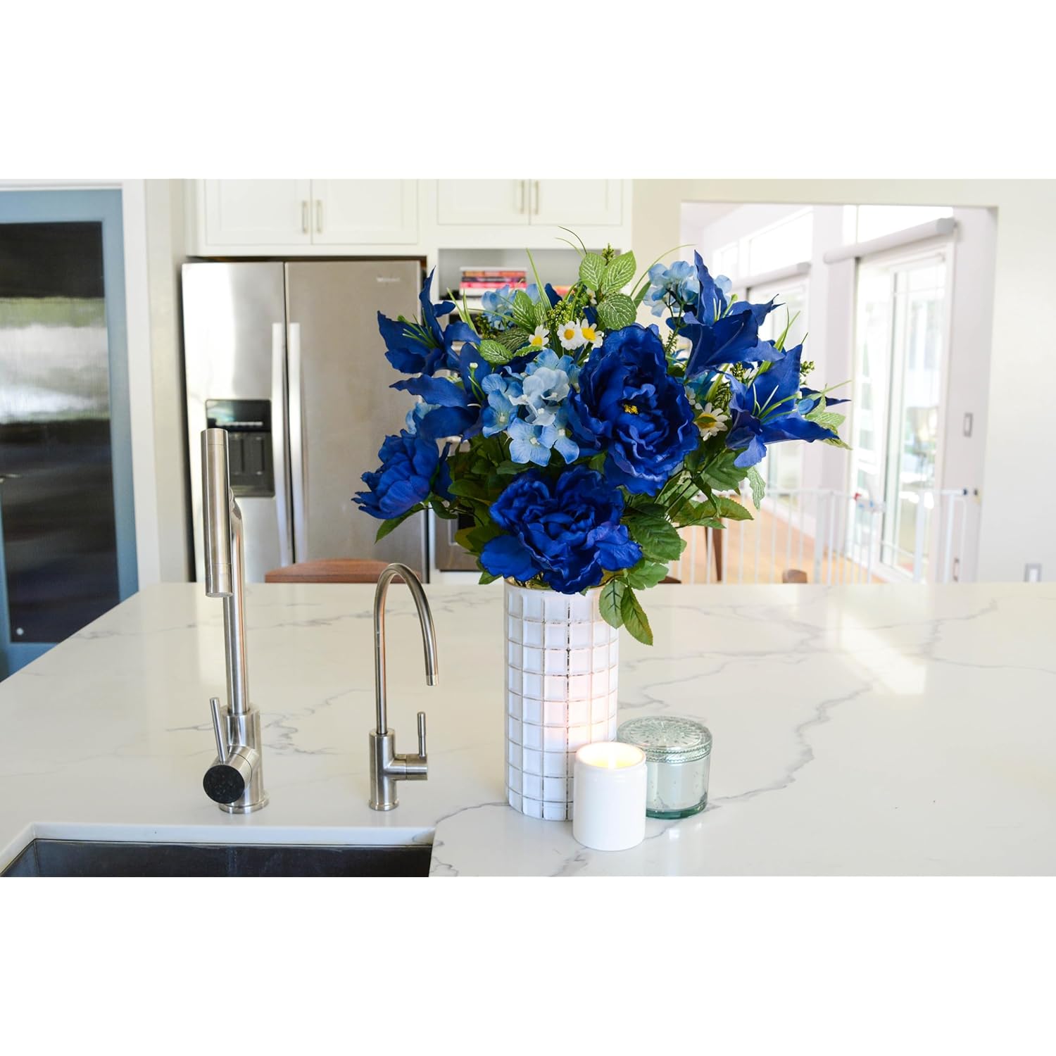 2Pcs Of 24 Stem Artificial Roses Carnation Mixed Bush Spring Faux Flower Arrangement For Outdoor & Indoor Wedding Home Decoration, Cemetery Decorations For Grave, Blue