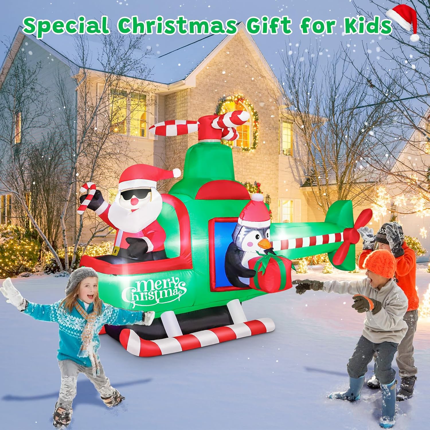 6.5Ft Inflatable Christmas Santa Claus On Helicopter Outdoor Decorations, Xmas Blow Up With Built-In Led Lights, Cute Sa