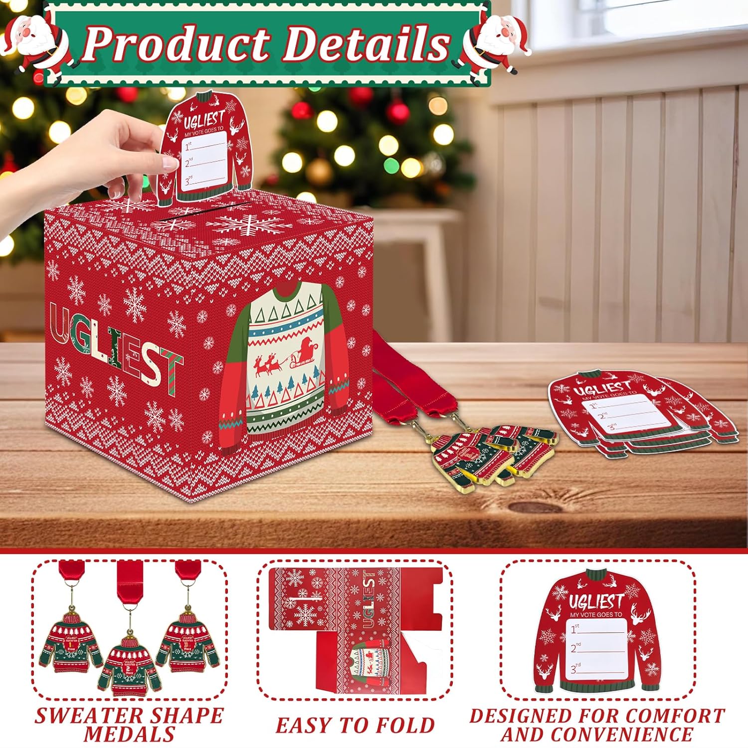 67 Pcs Xmas Ugly Sweater Game Sets With Ugly Sweater Contest Voting Box 60 Ballot Cards 3 Award Sashes And 3 Medals For Xmas Party Game Decorations Holiday Party Supplies