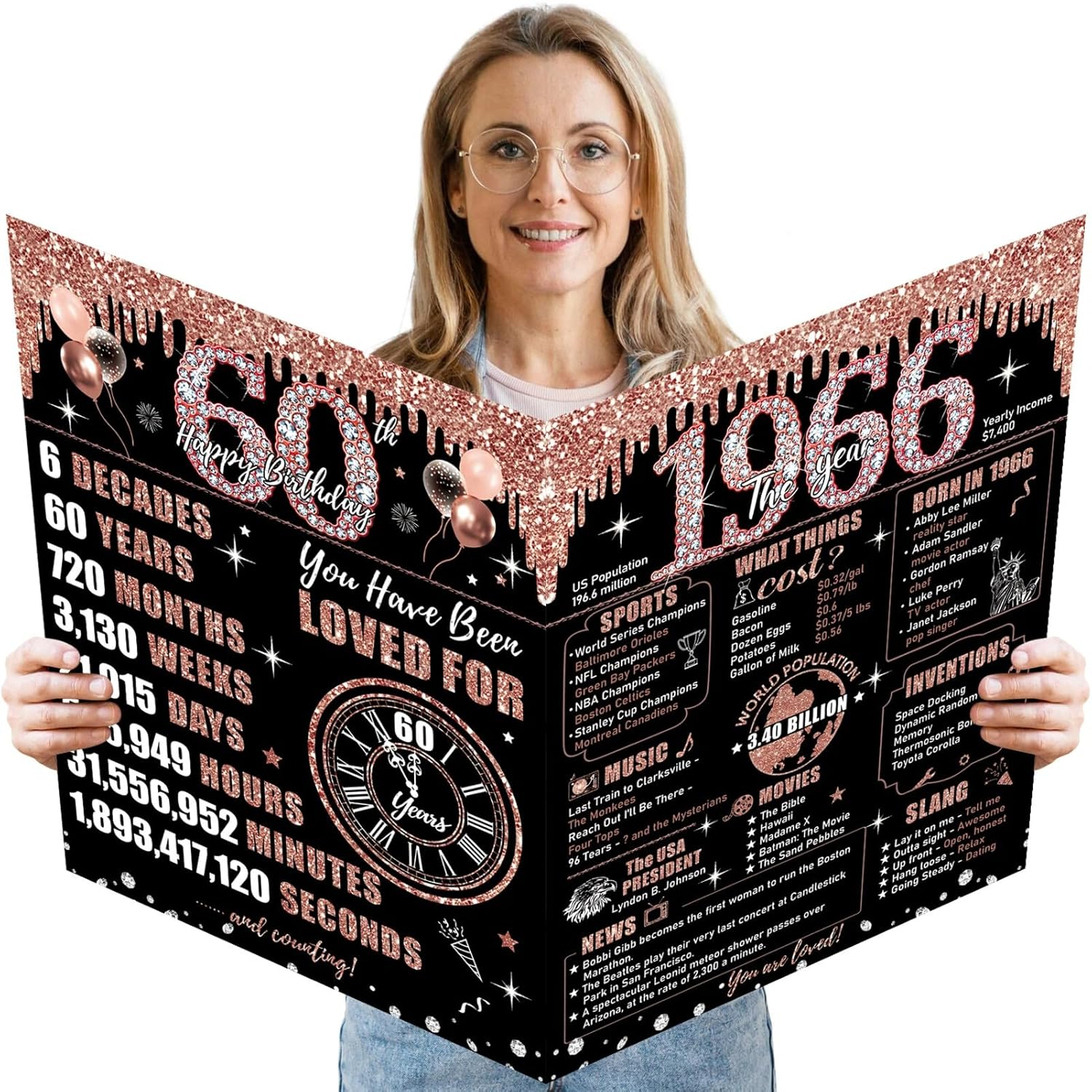 Large 60Th Birthday Card For Women With Envelope, Black Rose Gold Happy 60Th Birthday Guest Book Gifts Jumbo Sixty Greeting Card Back In 1965 Decorations Party Supplies