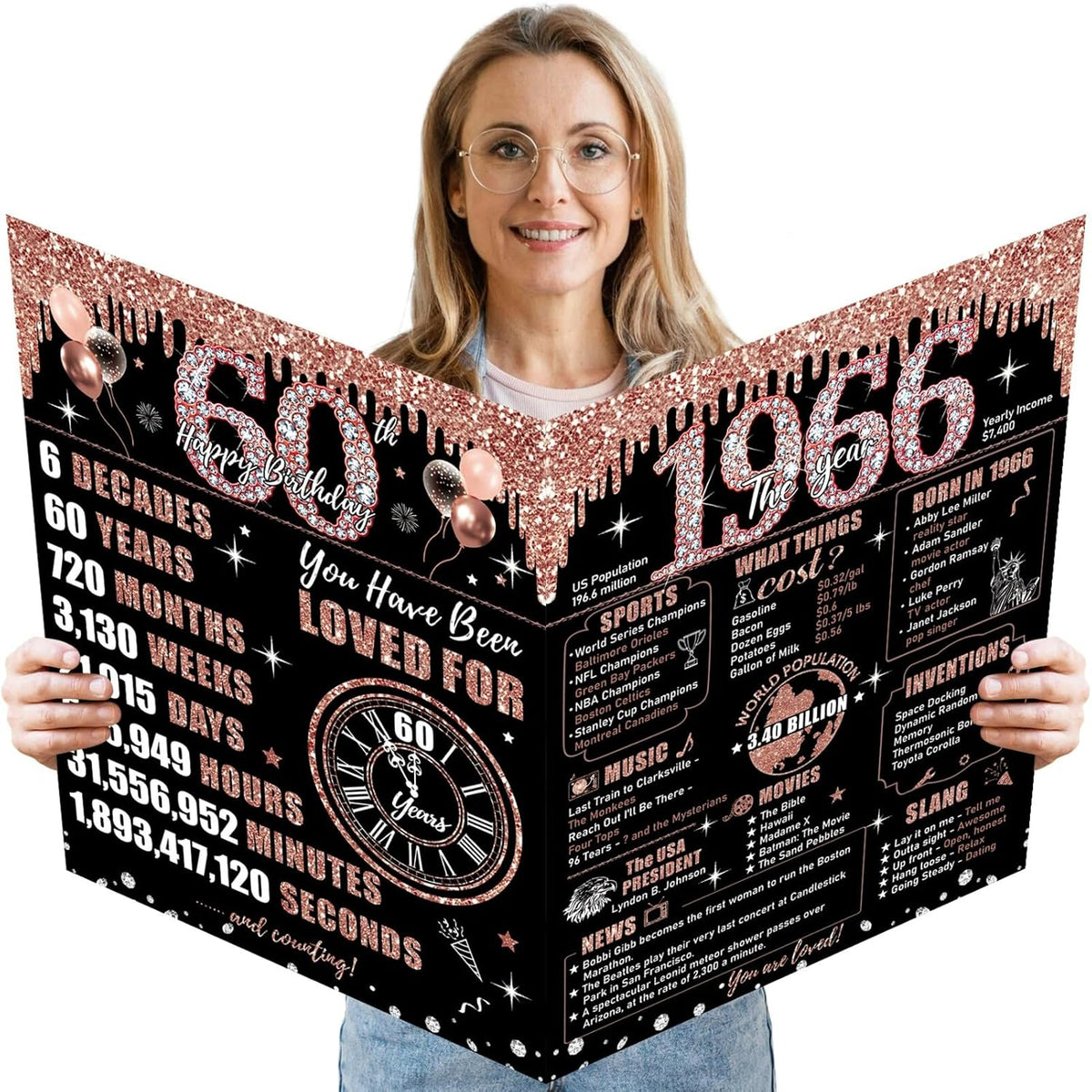 Large 60Th Birthday Card For Women With Envelope, Black Rose Gold Happy 60Th Birthday Guest Book Gifts Jumbo Sixty Greeting Card Back In 1965 Decorations Party Supplies