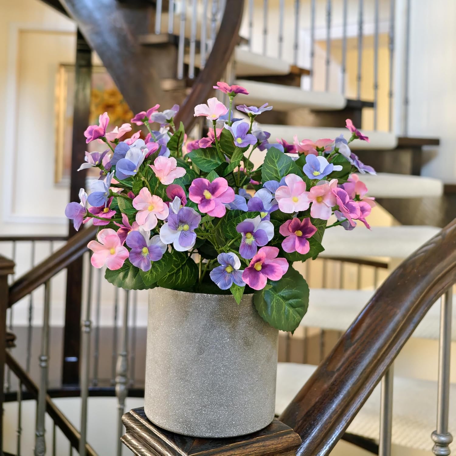 365 Blooming Decor 14 Inch Artificial Pansy Flowers In Minimalist Gray Pot, Luxury Fake Weather-Resistant Silk Spring Flowers, Purple And Pink Mix, For Tabletop Kitchen, Home Decor. No Assembly