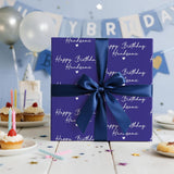Happy Birthday Handsome Wrapping Paper Roll For Men, Navy Blue With White Script Text Hearts Birthday Gift Wrap For Him, Husband, Boyfriend, Dad, Father, Grandpa, Mini Roll 17 In X 16.4 Feet