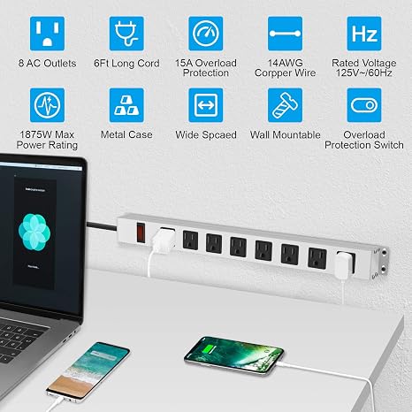 Heavy Duty Metal Surge Protector Power Strip 8 Outlets 6FT 14AWG Extension Cord Wall Mount White