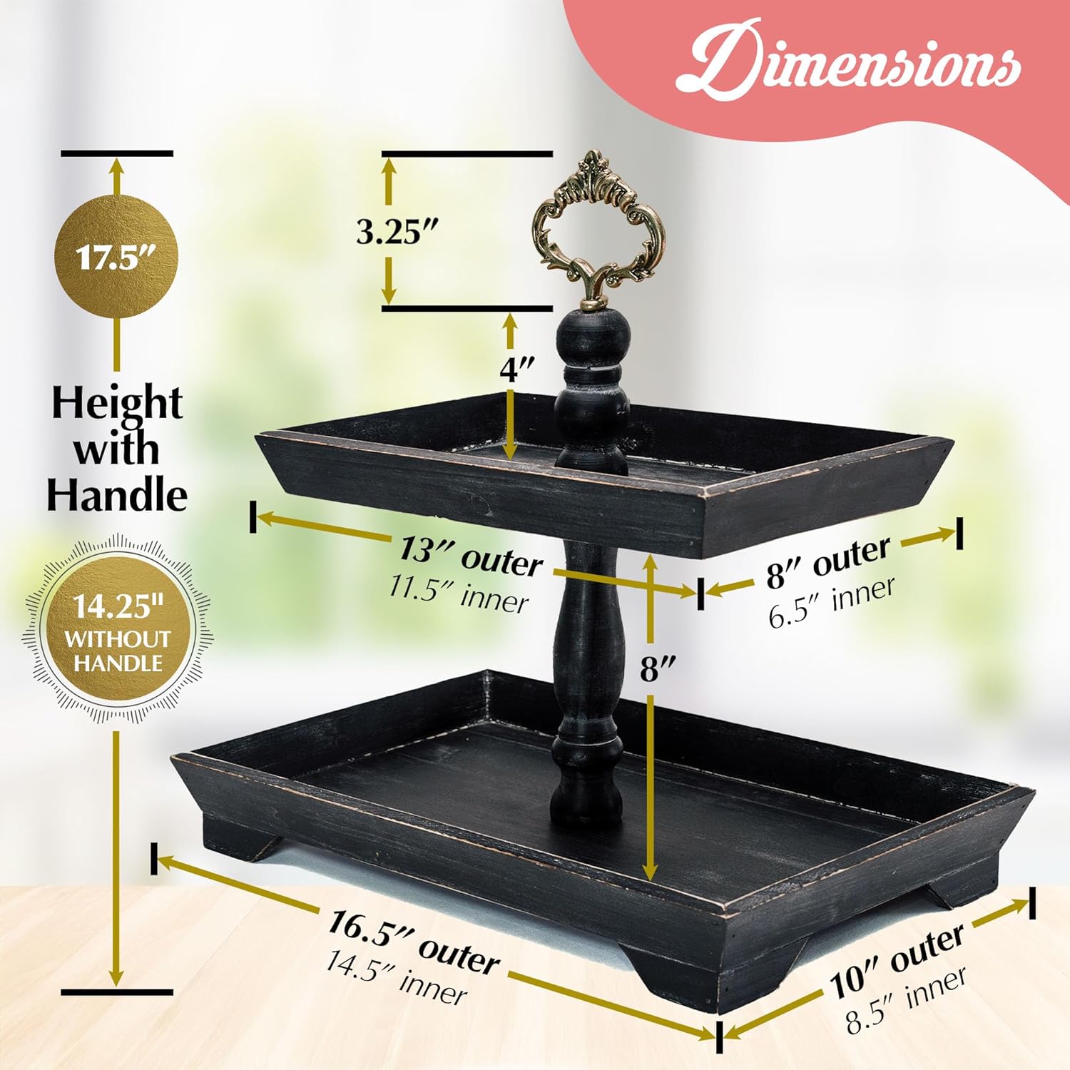 Rectangle Rustic Wood Two Tiered Tray, 2 Tier Serving Tray For Coffee Bar, Kitchen Counter, Dining Room Table, Cupcake Stand, Holiday And Farmhouse Decor (Rustic Black)