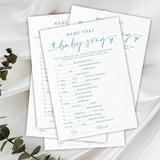 Name That Baby Song Game Set For Baby Shower - Minimalism White & Blue - 30 Double-Sided Fill In Style Game Cards & 1 Answer Card For Gender Reveal, Baby Announcement, Party Favor & Supplies - C04