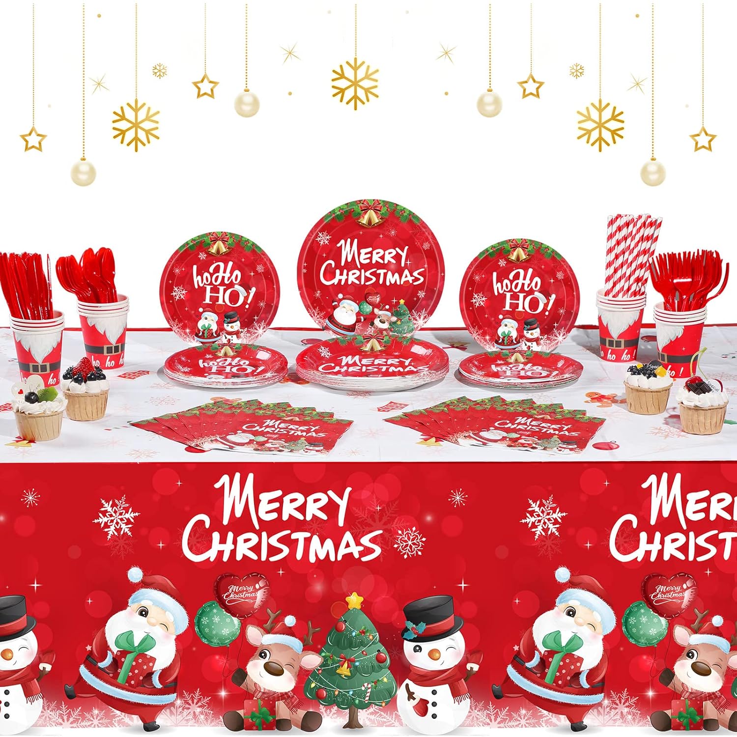 194 Pcs Christmas Party Tableware Set Cute Santa And Snowman Theme Party Supplies Merry Christmas Tablecloth Plates Napkins Pack For Xmas Holiday Dinner Decoration, Serves 24