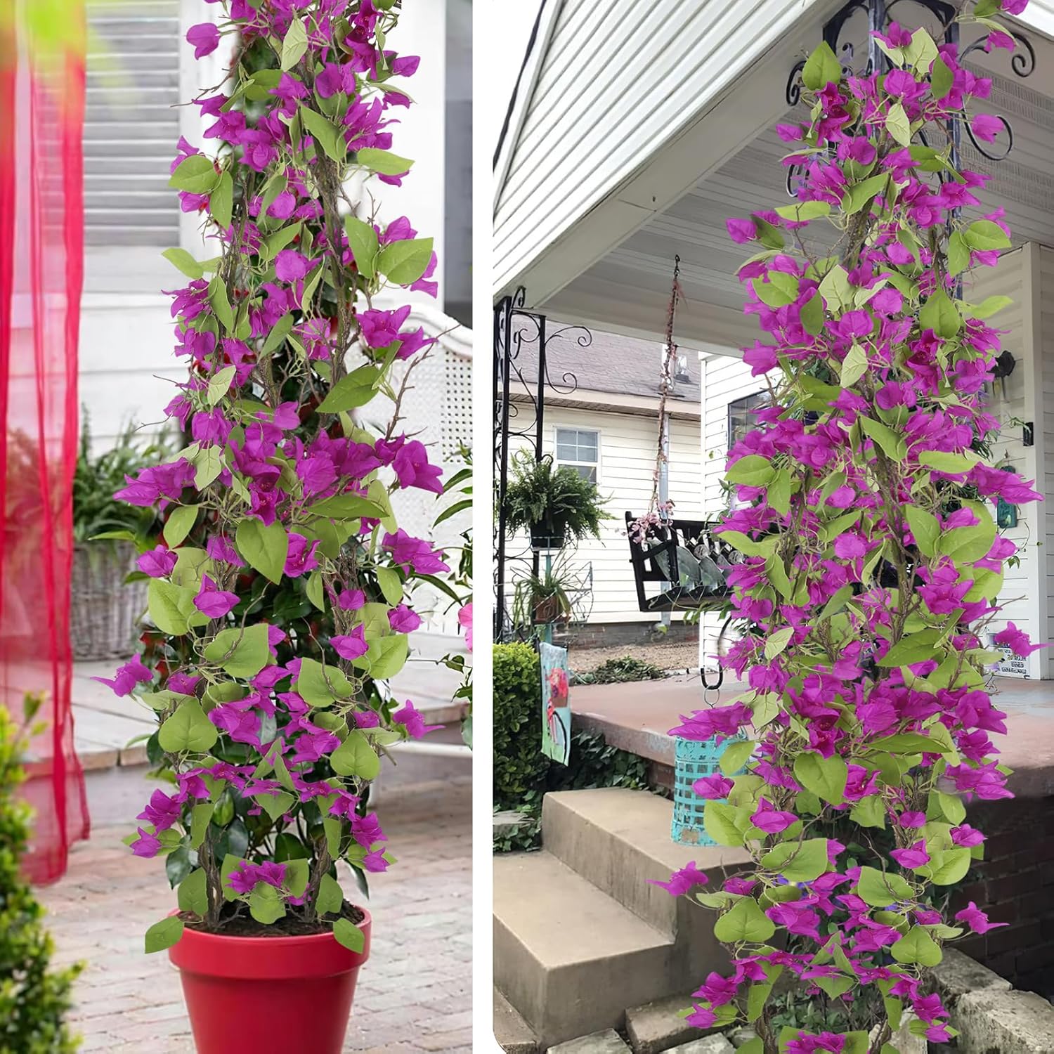 Artificial Bougainvillea Flowers Garland Purple Silk Bougainvillea Vines Uv Resistant Realistic Faux Hanging Flowers Plants For Outdoor Outside Summer Decoration Porch Patio Balcony Yard Wall