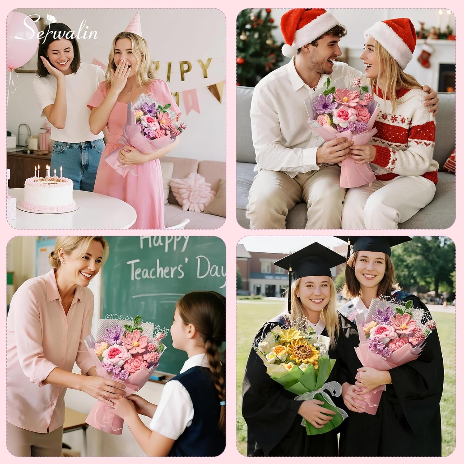 Crochet Flower Bouquet,Pink Knitted Flowers,Roses Crochet Flowers For Valentine Day Lover Wedding Anniversary Birthday Mother’S Day Back-To-School Or Graduation Ceremonies Gift (With Card)
