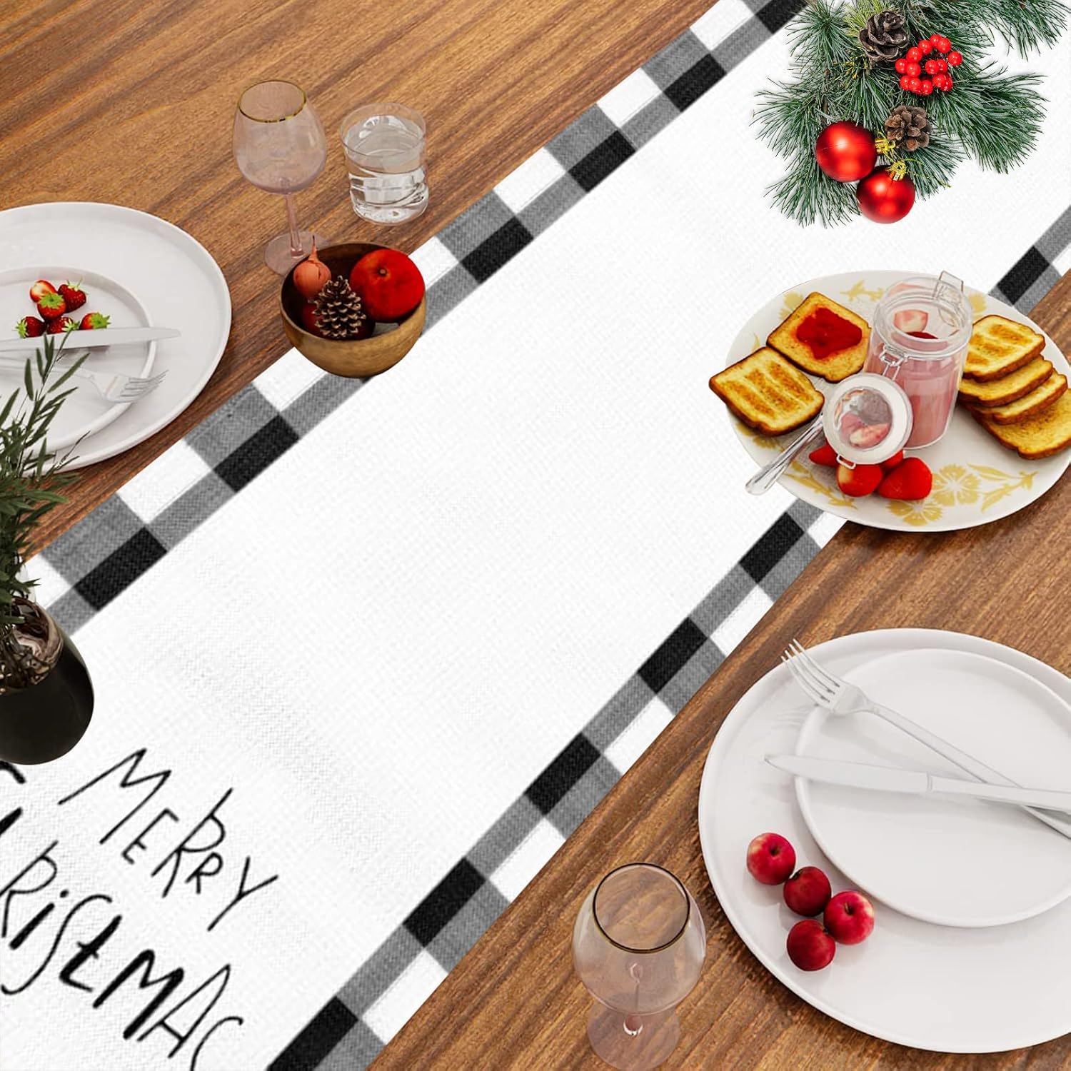 Merry Christmas Trees Table Runner 72 Inch Xmas Winter Holiday Black And White Buffalo Plaid Table Cloth Decorations For Home Dining Room Party Decor