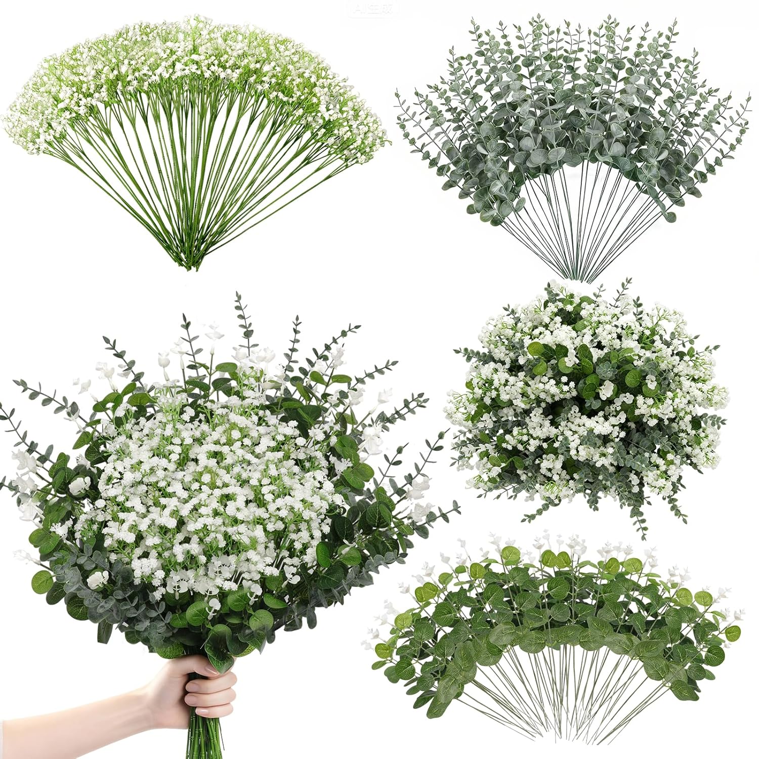110 Pcs Real Touch Baby'S Breath & Eucalyptus Stems Mixed Bulk - 30 Artificial Baby Breath Flowers + 80 Faux Silver Dollar Eucalyptus Leaves For Wedding Bouquets, Centerpieces, Diy Floral Arrangement