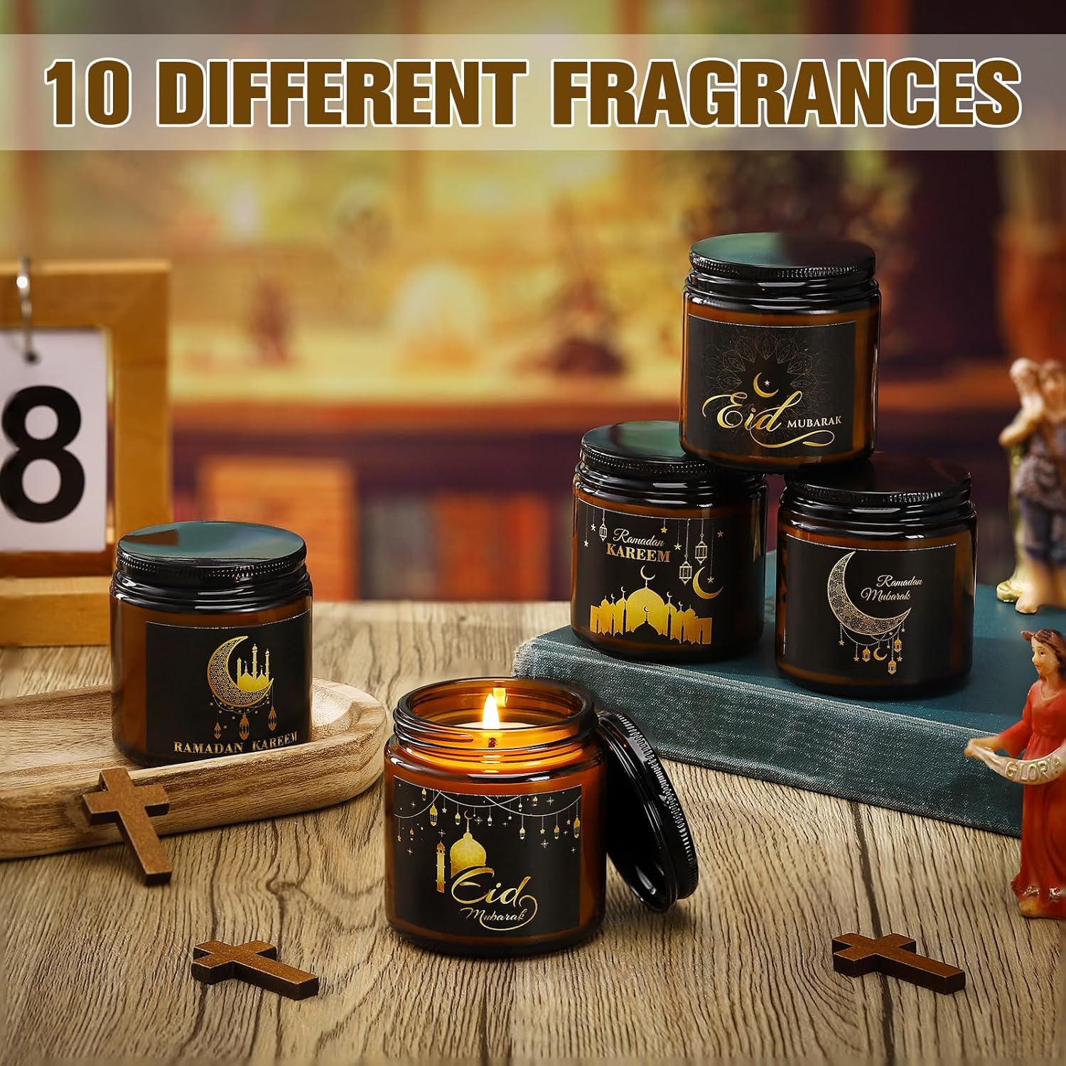 10 Pcs Eid Mubarak Scented Soy Candle 3.5 Oz Ramadan Scented Candle Muslim Islamic Party Favors Gifts Glass Jar Candles For Eid Holiday Celebration Decorations (Dark Brown,Pattern)