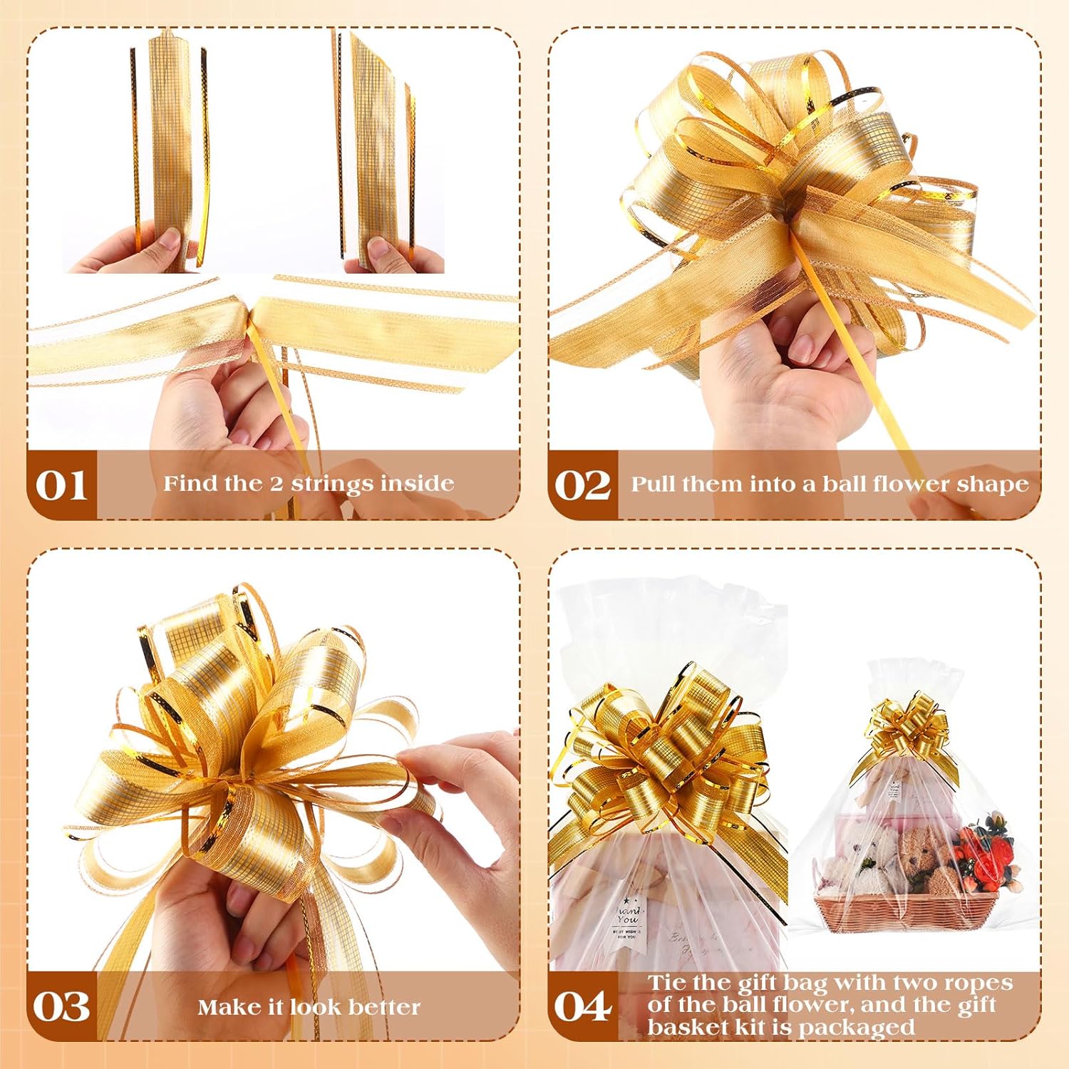 4 Pcs Empty Gift Baskets Bulk To Fill 14 X 10 X 2.8 Inch Thanksgiving Christmas Large Storage Basket With Handle Gift Bags And Golden Bows For Diy Holiday Party (Wood Color)