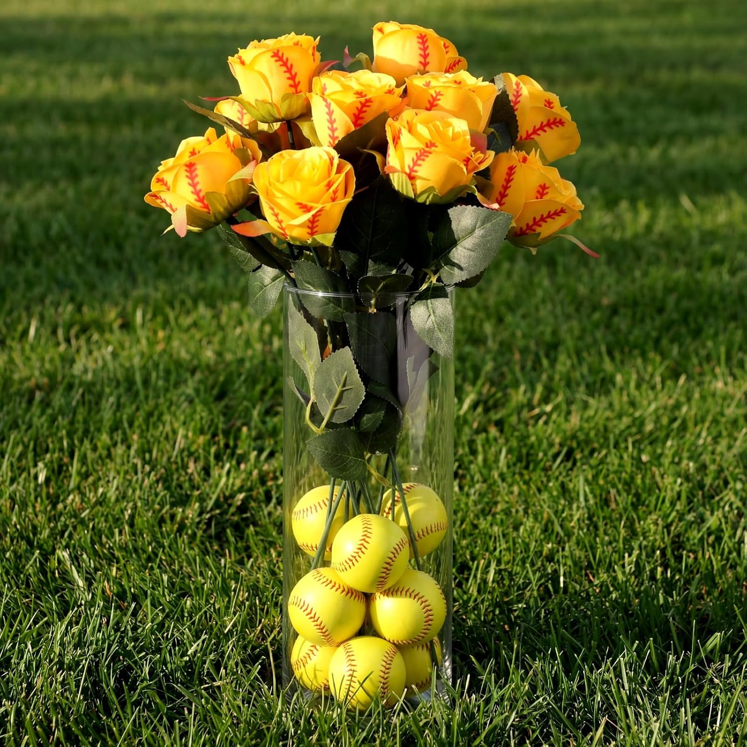 12 Pcs Softball Rose With Leaves Bulk Artificial Fake Roses Decor Sports Flower Gifts For Table Centerpieces Graduation Wedding Gifts Sports Theme Rose Bouquet Party Favors