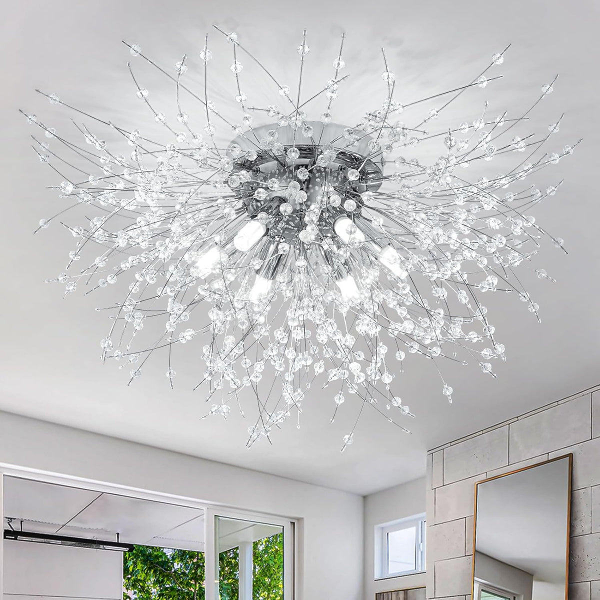 Modern Crystal Ceiling Chandeliers, Firework Dandelion Ceiling Light Flush Mount 6-Lights Bedroom Lighting Fixtures For Hallway Kitchen Living Room (Nickel)