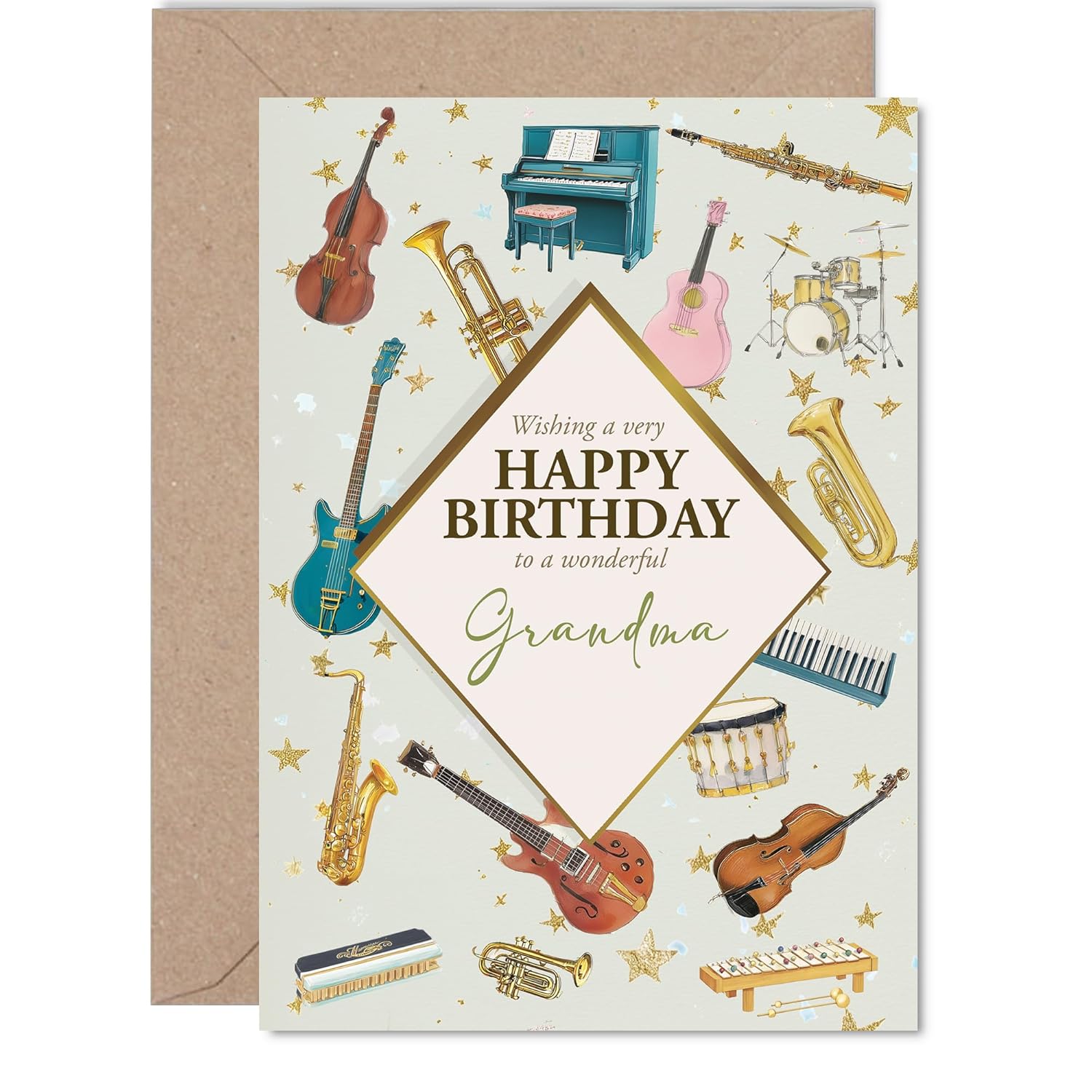 Grandma Birthday Card - Music Lover - Happy Birthday Card For Grandma From Grandson Granddaughter, 5X7 Inch Bass Acoustic Electric Guitar Bday Greeting Cards