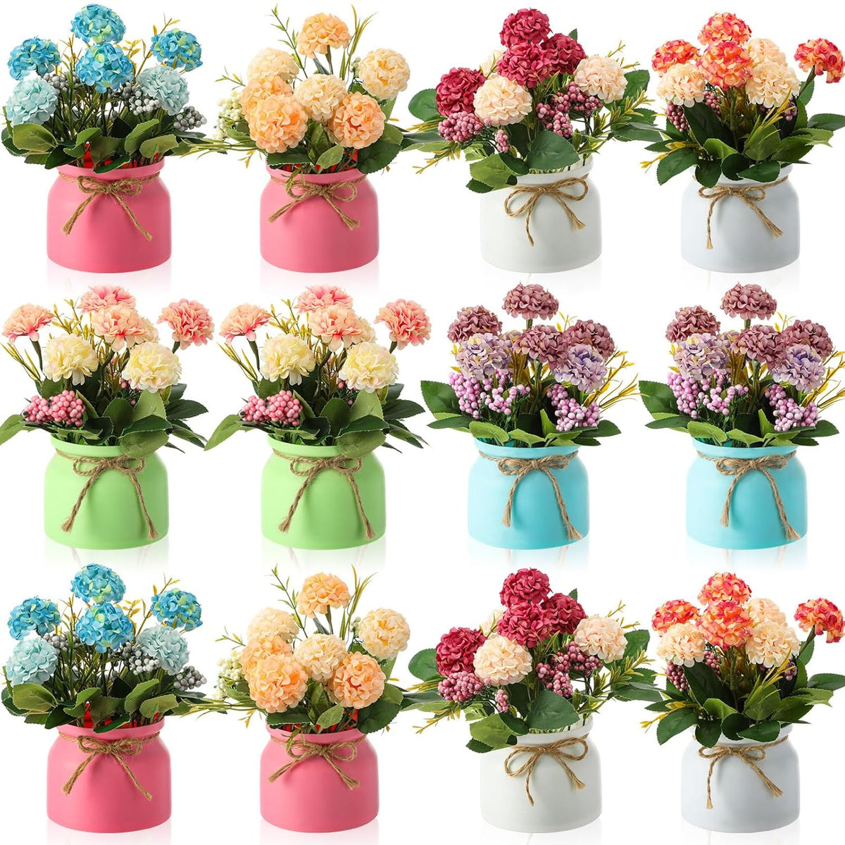 12 Pcs Hydrangea Artificial Flowers In Vase Artificial Hydrangea Potted Small Fake Flowers Table Centerpiece Decoration Arrangement Faux Floral Indoor For Wedding Party Home Office Desk