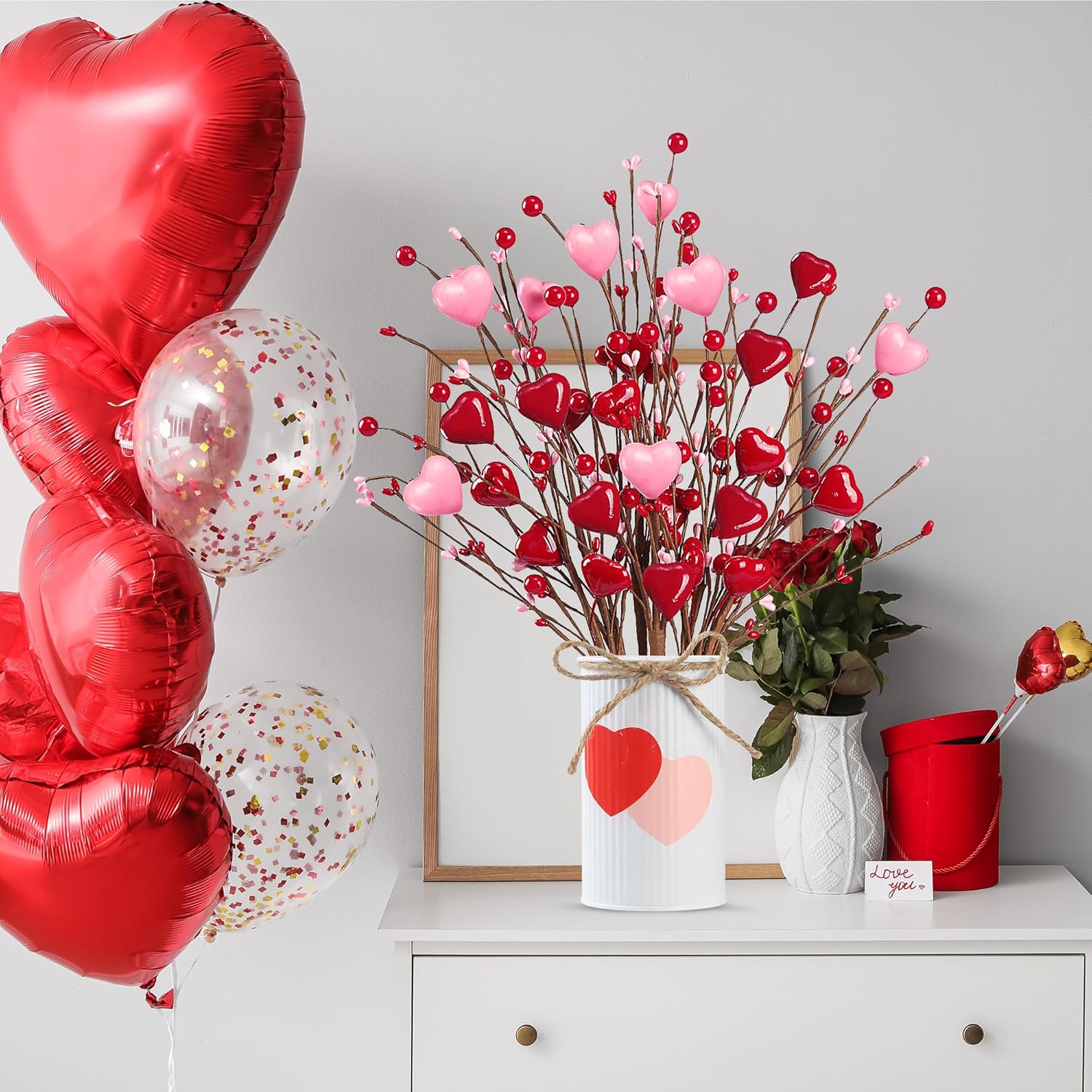 Valentine’S Day Gifts 6 Pcs Heart Shaped Berry Picks With White Metal Pot Artificial Red Heart Berry Twig Stem Branches For Valentine’S Day Anniversary Flower Bouquets Wedding Home Decor