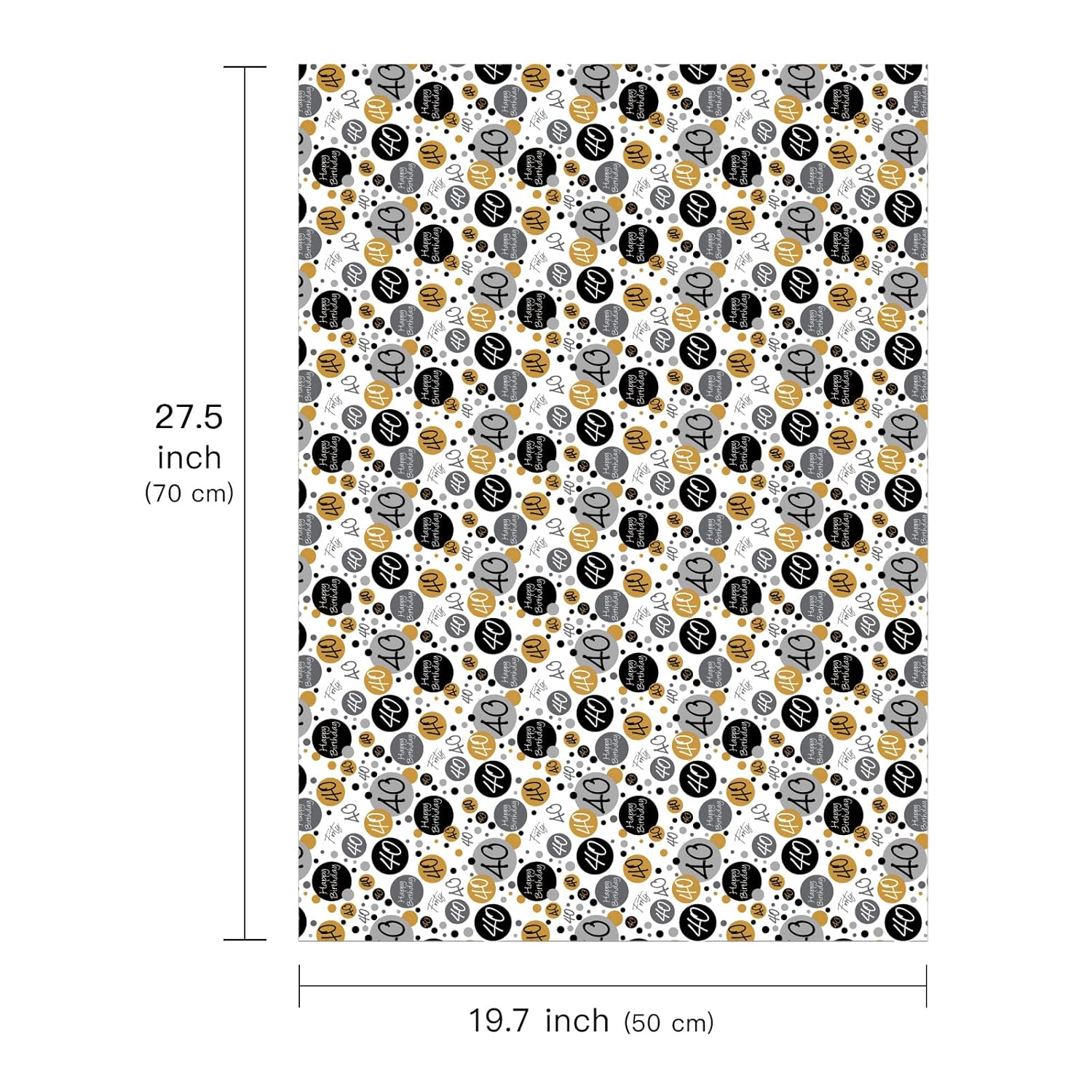 Birthday Wrapping Paper Sheet - 6 Sheets Black 40Th Birthday Design Folded Flat For Bday, Party, Baby Showers - 19.7 Inch X 27.5 Inch Per Sheet