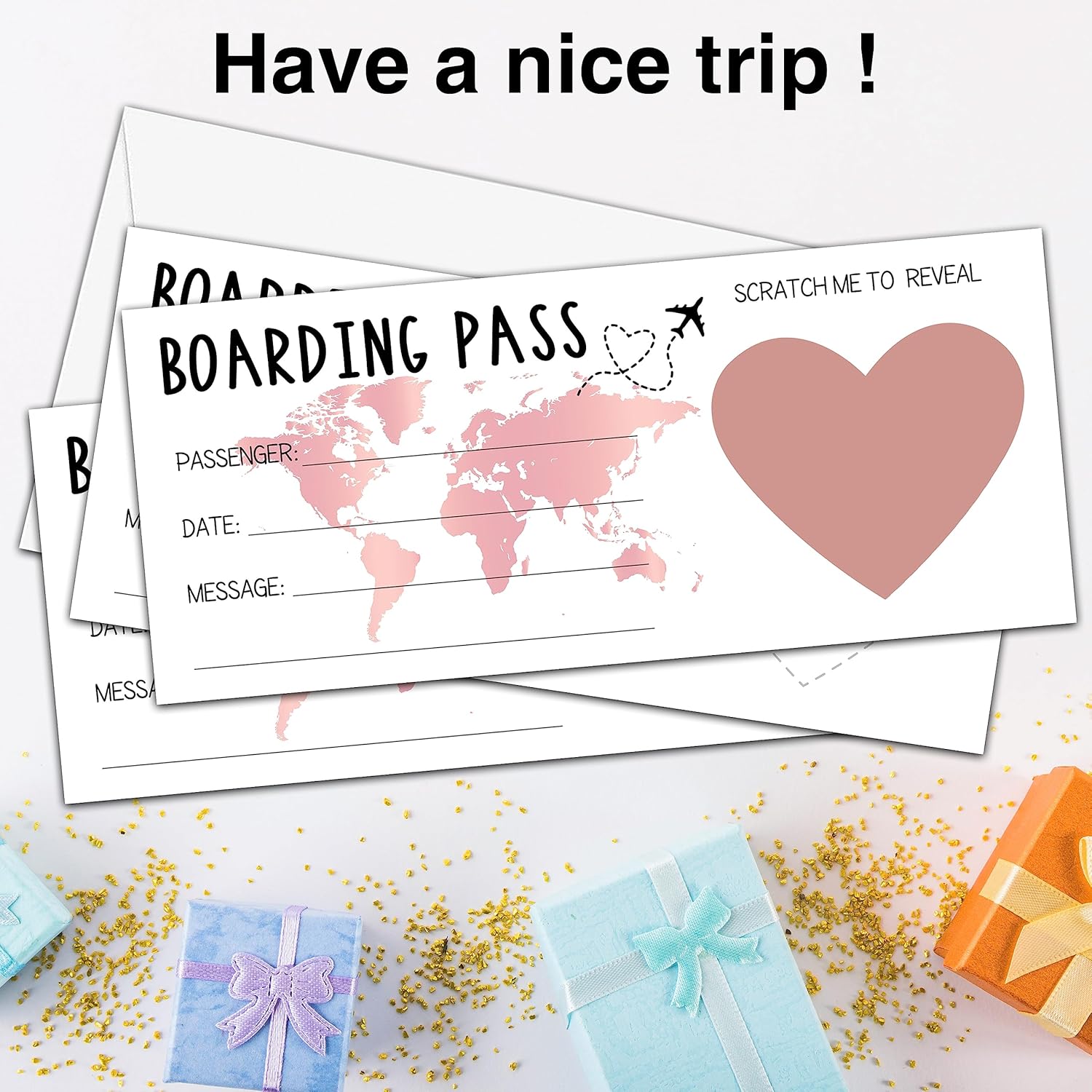 Scratch Surprise Boarding Pass, 2 Set Make Your Own Diy Travel Ticket, Surprise Reveal Card For Holiday, Christmas, Wedding, Birthday, Anniversary, Party Supply(3.5"X8" Pink)-A004