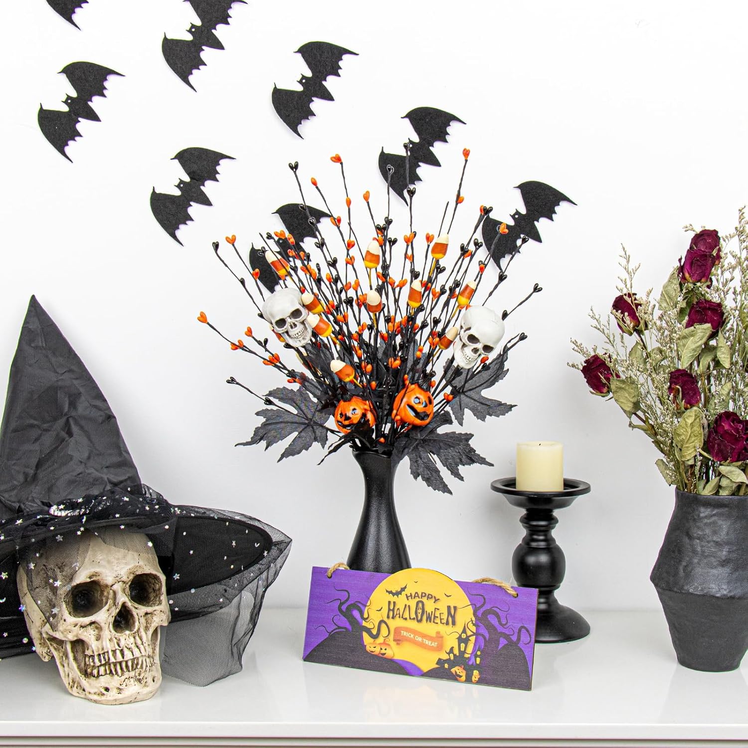 10 Pack Halloween Decorative Branches – 2 Skull Head & 2 Jack-O'-Lantern Stems With Black Maple Leaves, 6 Berry Stems With Halloween Candy – 17 Inch Spooky Centerpieces For Party Decor