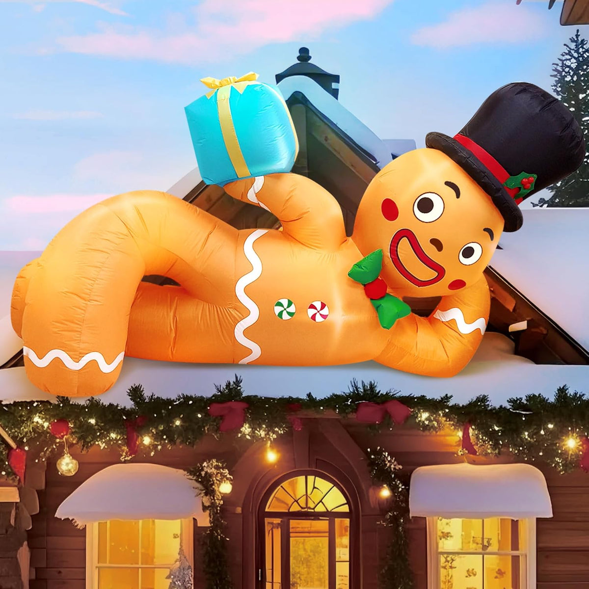 10 Ft Christmas Inflatables Gingerbread Man, Christmas Blow Up Yard Decorations With Built-In Leds, Lying Gingerbread In