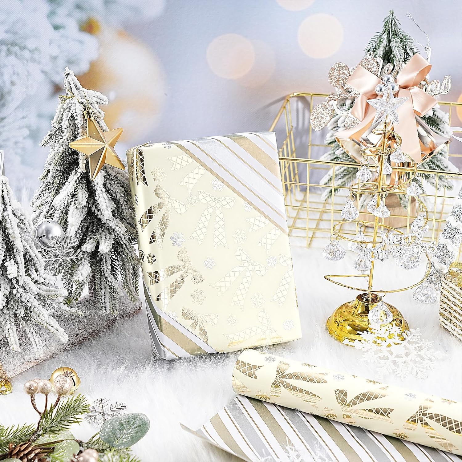 Christmas Reversible Wrapping Paper Roll For Girls, Mini Roll, Gold Foil Bow And Snowflake Design, Gold And White Stripes Gift Wrap Paper Ideal For Holiday Gifts, 17 Inches X 32.8 Feet