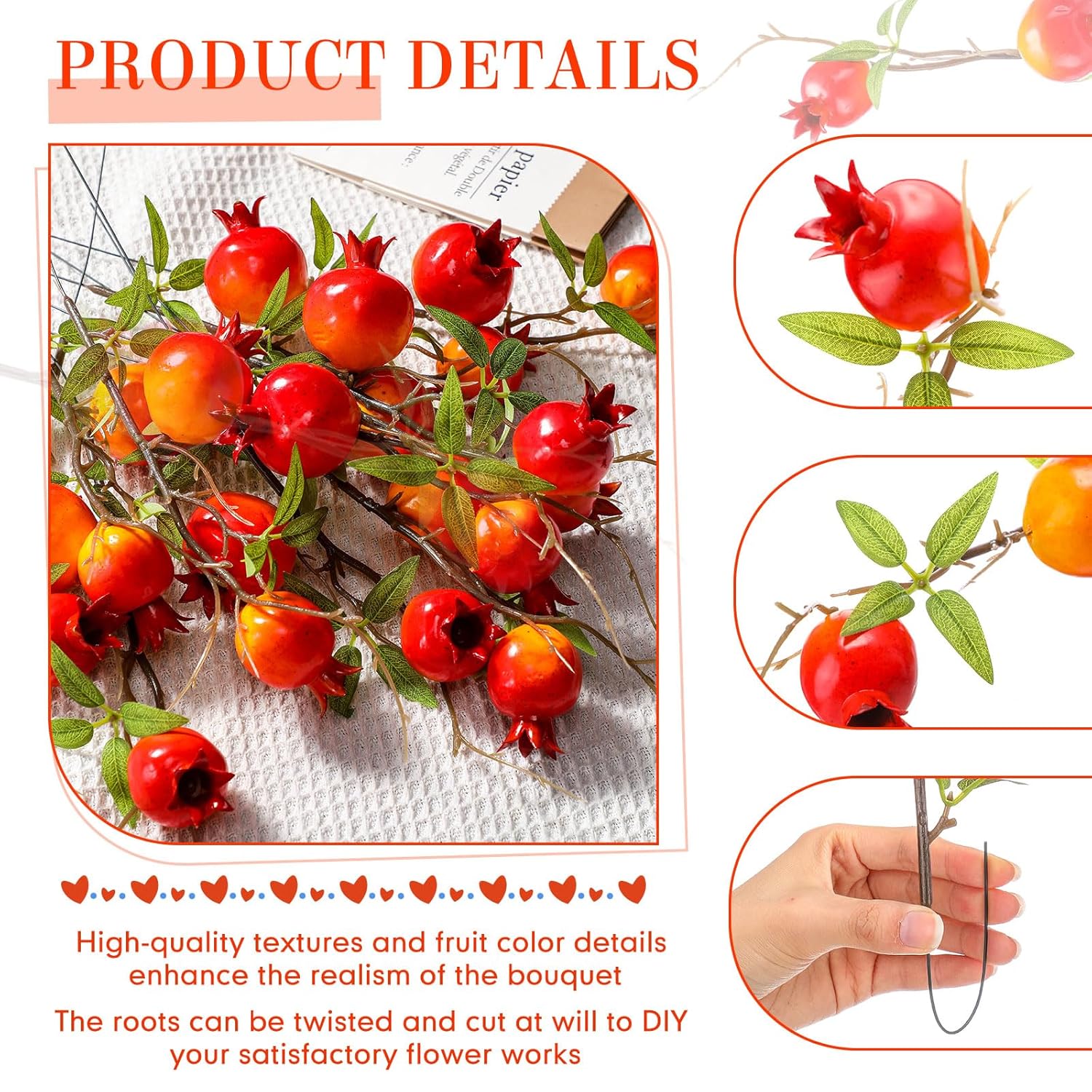 20 Pcs Artificial Pomegranate Branches 17.72'' Tall Faux Pomegranate Flower Stem Orange Fake Berries Branches For Wedding Home Vase Party Decorations