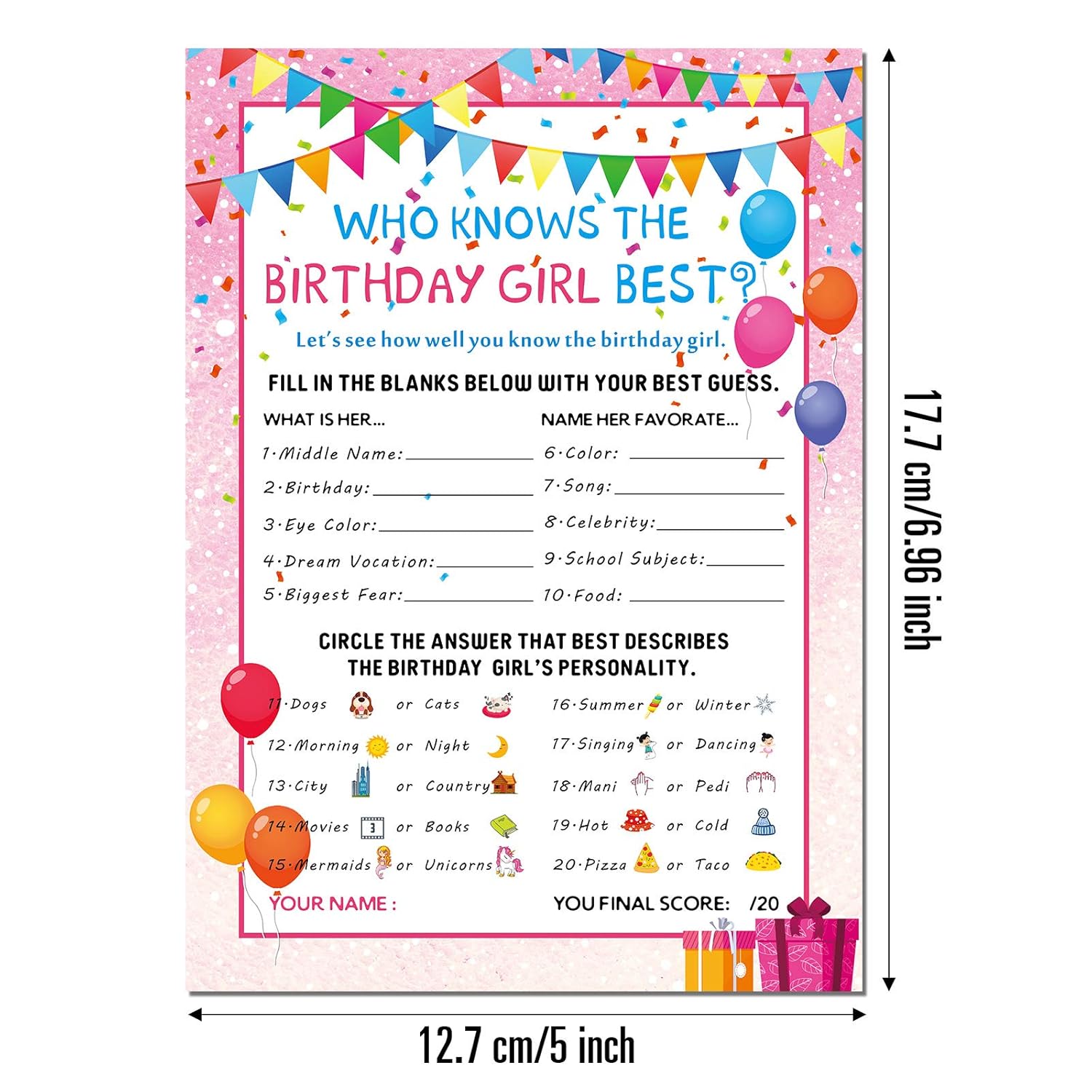 The Birthday Girl Best, 50 Pieces Birthday Party Activity Game Card Set Who Knows Her Best Girl Birthday Party Activity Themed Party Decorations (Pink)