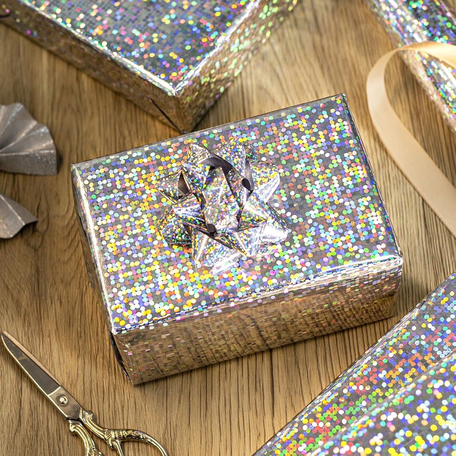 17 In X 32.8 Ft (46.5 Sq.Ft.) Holographic Wrapping Paper Roll, Silver Dots Gift Wrap For Disco Party, Wedding, Birthday, Christmas, Bridal Shower, Father'S Day, Graduation
