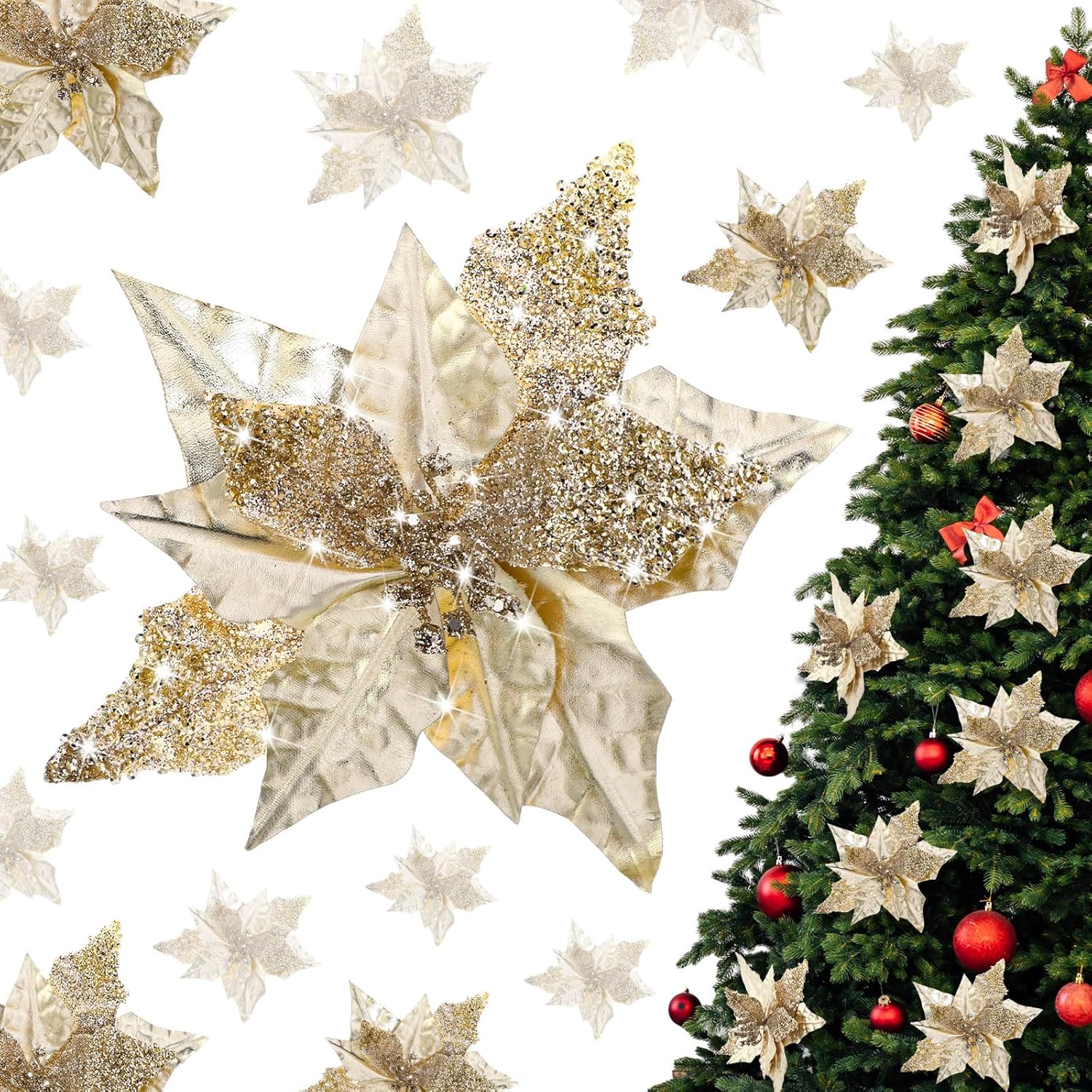12 Pcs 9 Inch Artificial Christmas Poinsettias For Decoration Champagne Poinsettias With Clip Glitter Flower Christmas Tree For Xmas Tree Home Vase Wedding Holiday Garland Decor