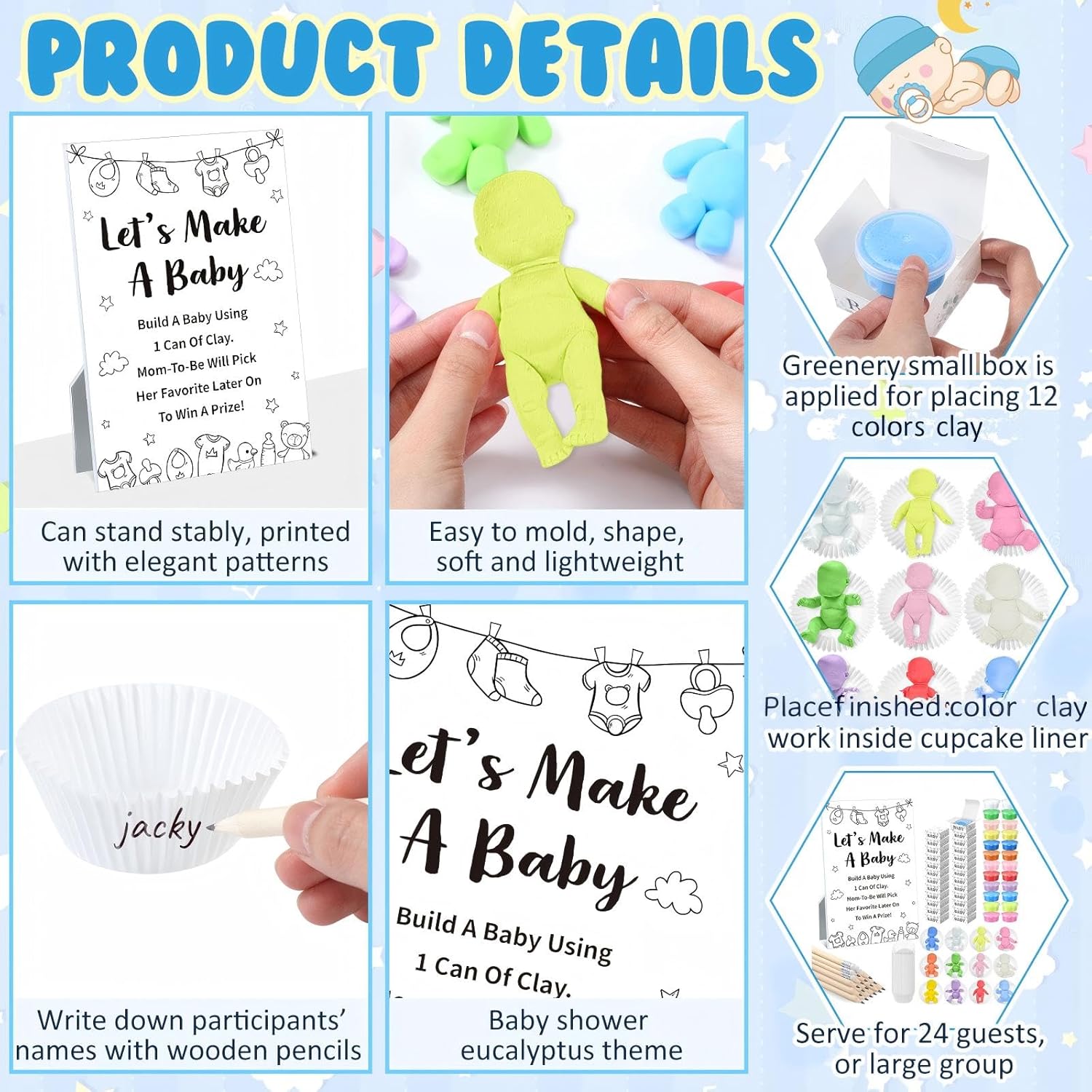 Funny Baby Shower Games Decorations Let'S Make A Baby Playdough Game Sign Set 24 Play Doughs 24 Pencils Shower Gender Reveal Game Activities Adults Boys Girls(Black And White Babysuit)