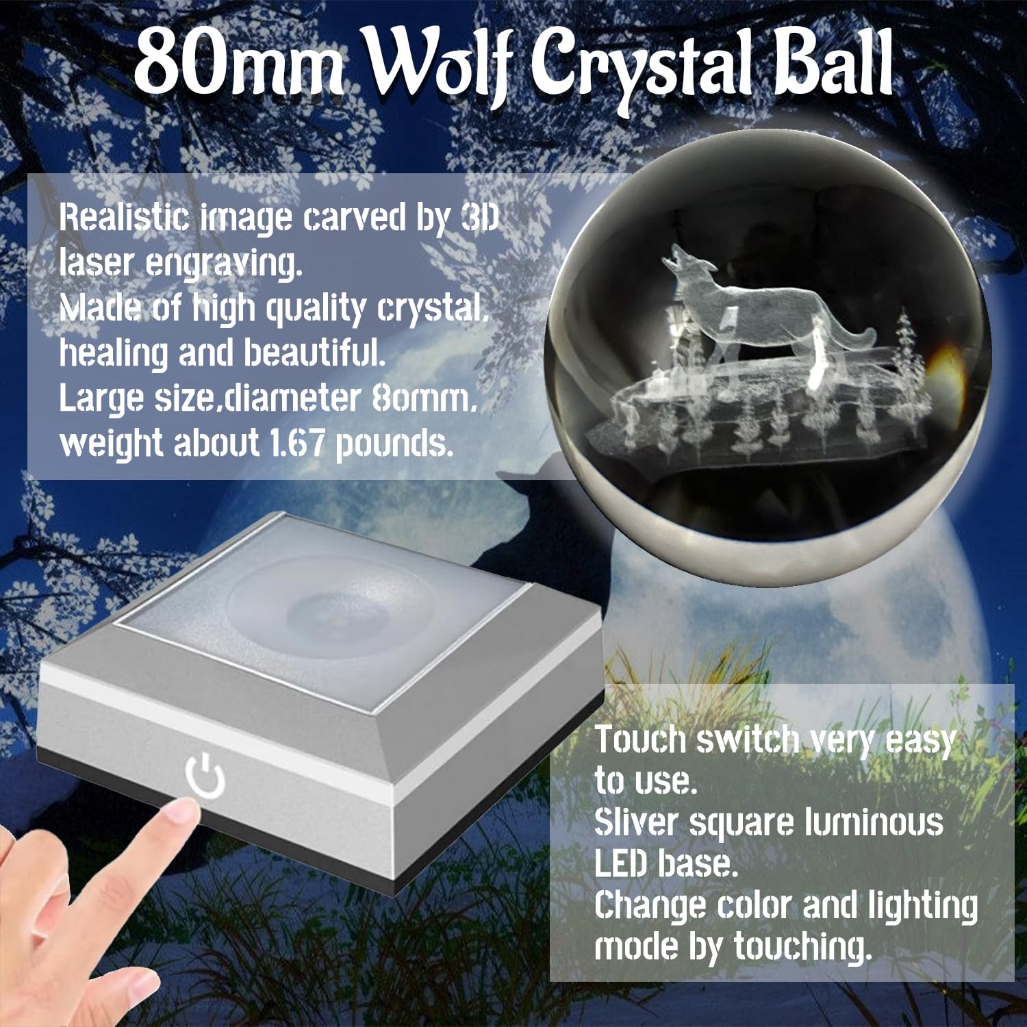Wolf Lamp Crystal Ball Night Light Led Colorful Touch Base Wolf Statue 80Mmwolf Stuff Animals Glass Figurines Wolf Gifts Men Woman Birthday Christmas Decor Graduation