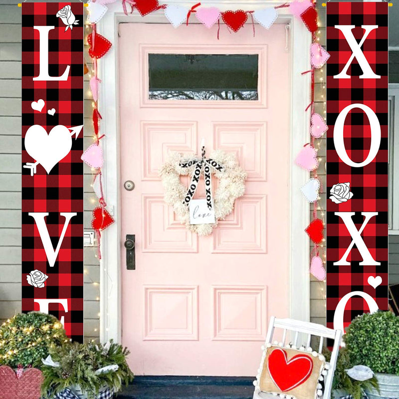 Valentine'S Day Buffalo Plaid Porch Sign Love Xoxo Hanging Banner Flag