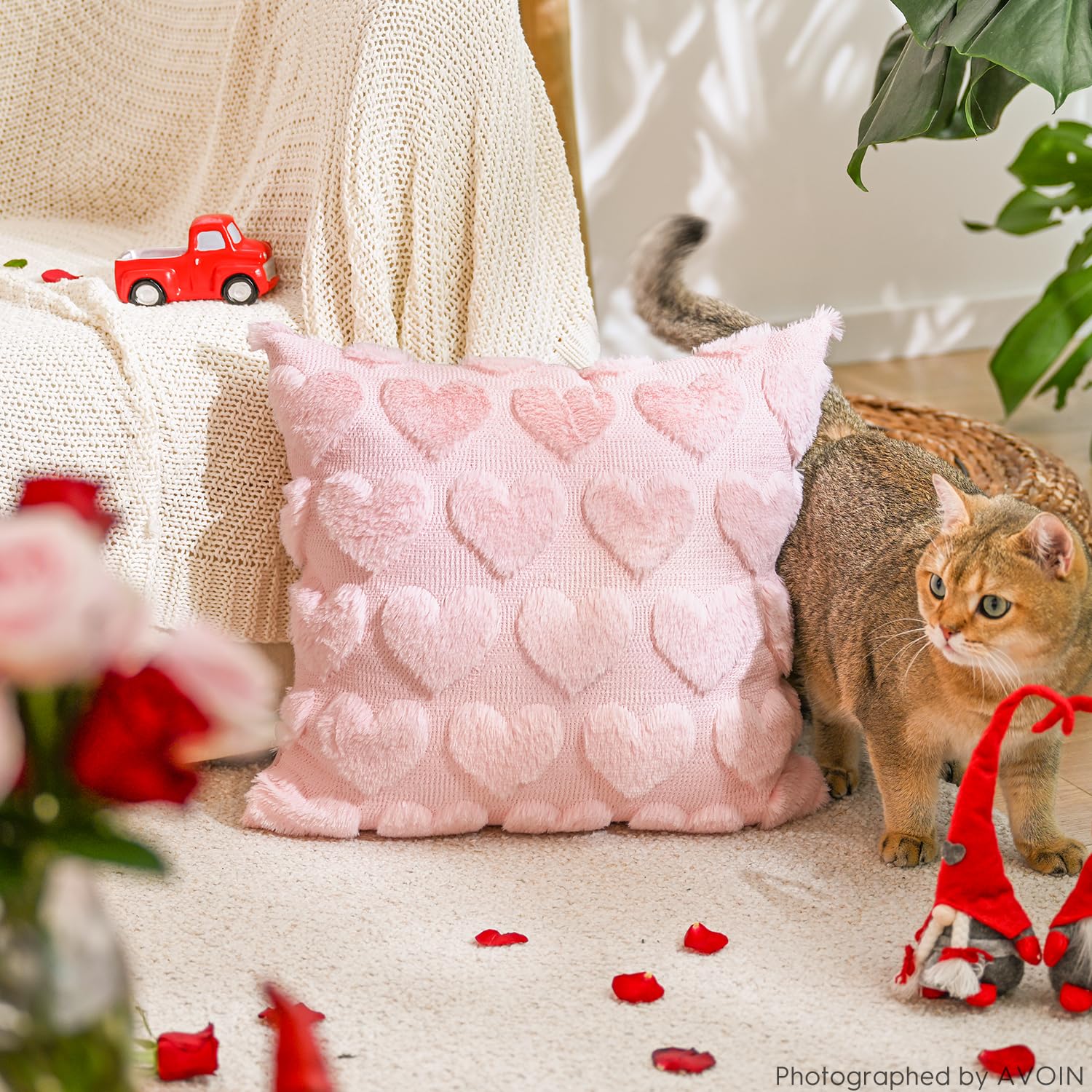 Valentine'S Day Love Heart Pink Throw Pillow Covers Set Of 2, 18 X 18 Inch Anniversary Wedding Home Decor Soft Plush Faux Fur Jacquard Cushion Case For Sofa Couch