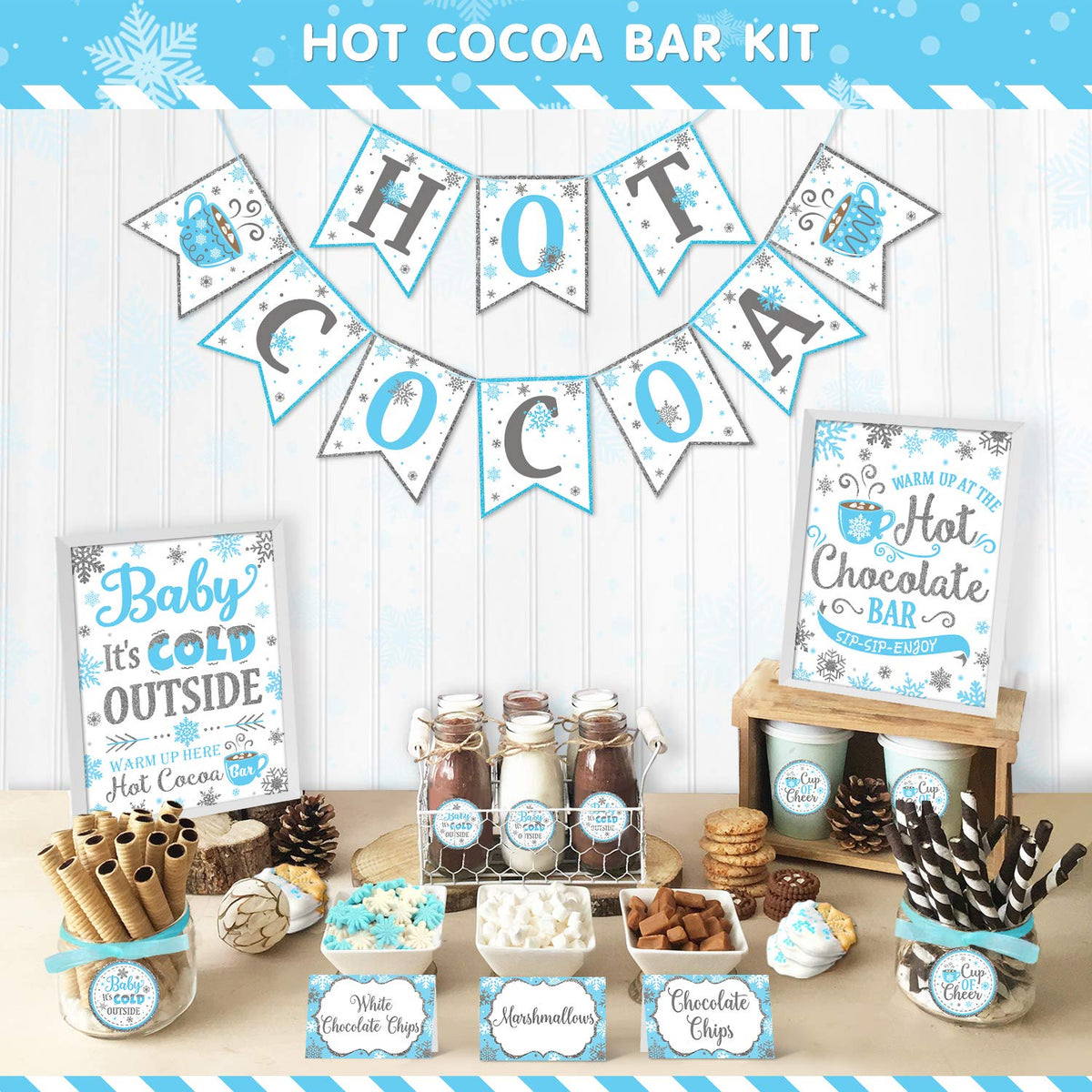 Hot Cocoa Bar Kit Blue Silver Snowflake Chocolate Banner Sign