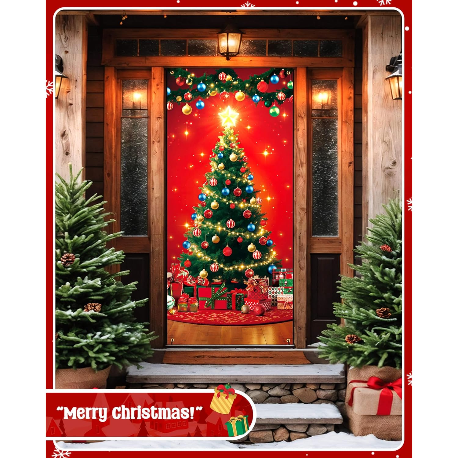 Christmas Door Cover, 35.4"X78", Christmas Tree With Ornament Balls Design, Unique Holiday Banner For Front Door & Party Décor