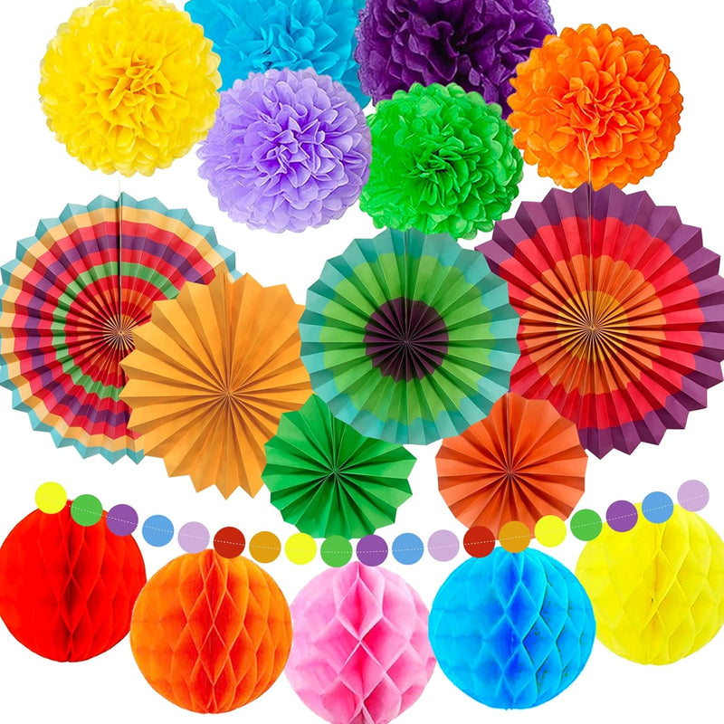 19Pcs Party Decorations, Colorful Paper Fans, Tissue Paper Pom Poms, H