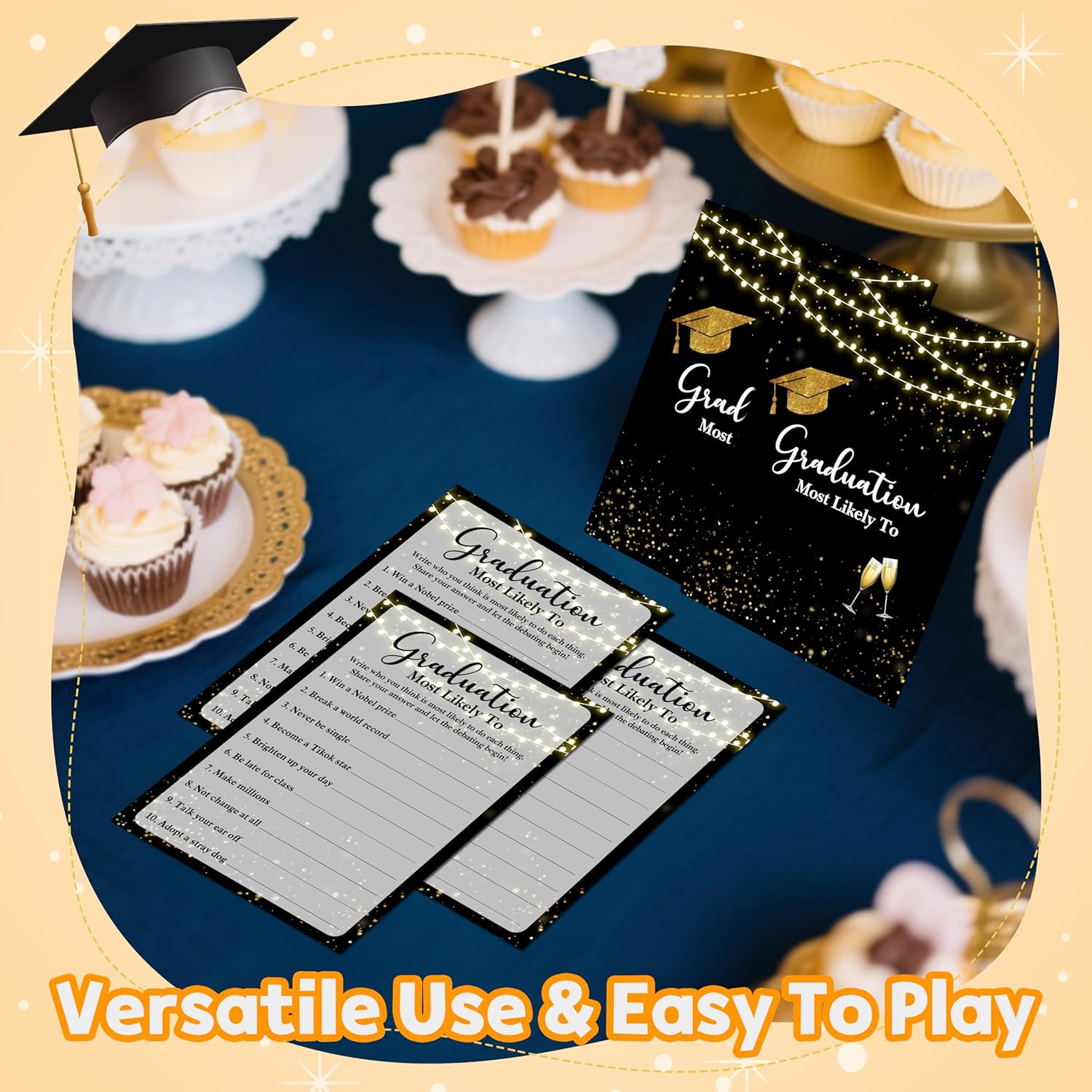 Graduation Games, Black Gold Grad Party Game Cards For Adults, Graduation Most Likely To Games, Graduation Celebration Party Favors Supplies, 25 Pack (07)