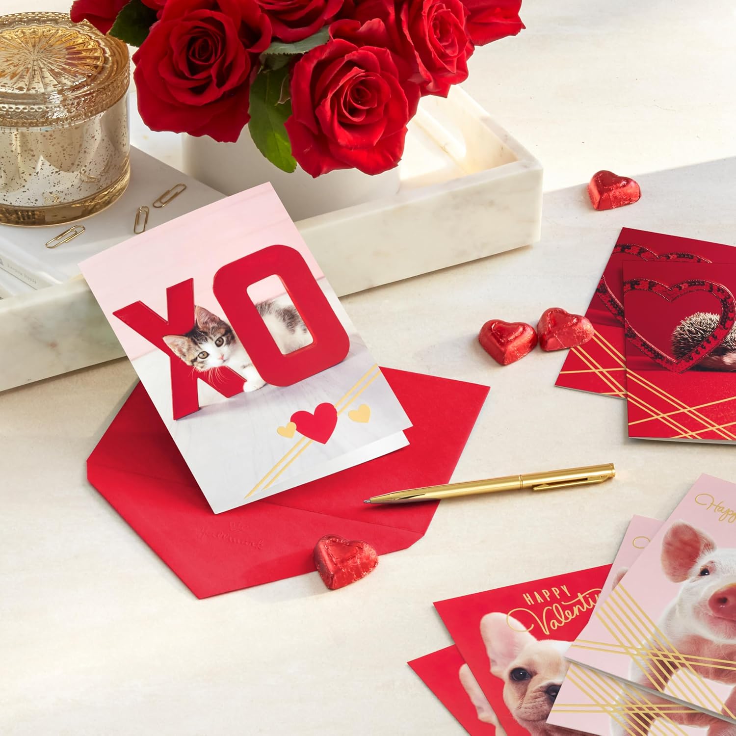 Hallmark Valentines Day Cards for Kids School, Puppy, Kitten, Pig, Hedgehog (24 Classroom Valentines with Envelopes)
