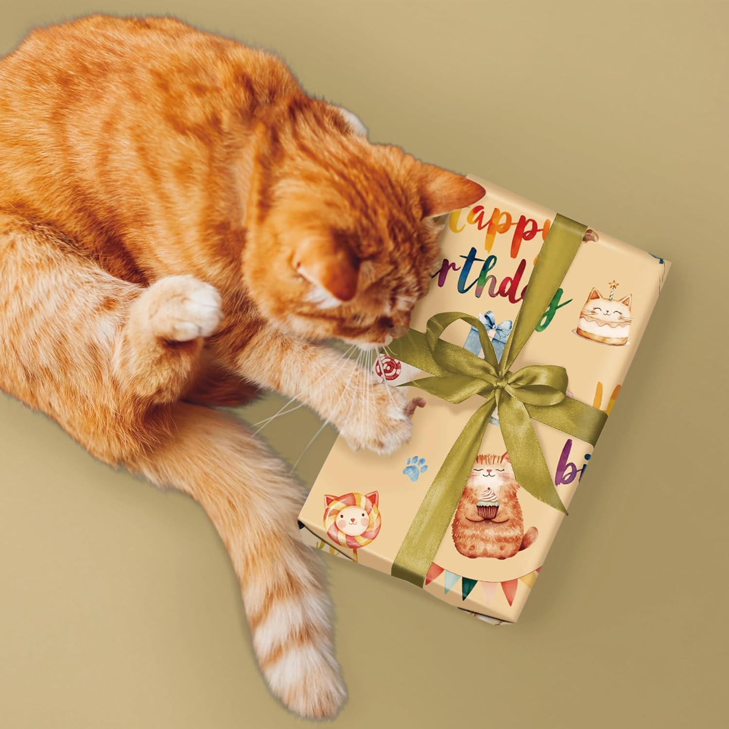 Cat Birthday Wrapping Paper For Kids Adults - Funny Watercolor Gift Wrap With Cute Cat Happy Birthday Balloons Cake Candy And Paw For B-Day, Baby Shower - 28X40 Inches, 4 Sheets