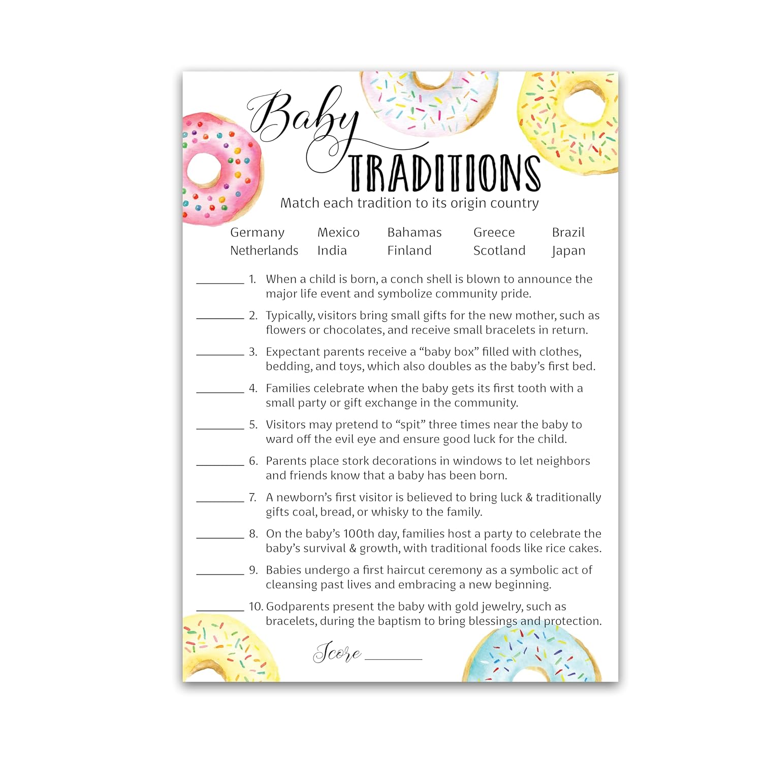Donut Baby Shower Games — Baby Traditions Around The World Game — Pack Of 25 — Fun Facts Doughnut Theme Shower Activity Trivia Girl Or Boy Gender Neutral Pink Or Blue Couples Shower Reveal G850-Btw