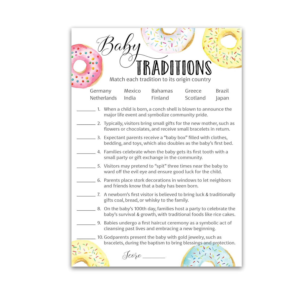 Donut Baby Shower Games — Baby Traditions Around The World Game — Pack Of 25 — Fun Facts Doughnut Theme Shower Activity Trivia Girl Or Boy Gender Neutral Pink Or Blue Couples Shower Reveal G850-Btw