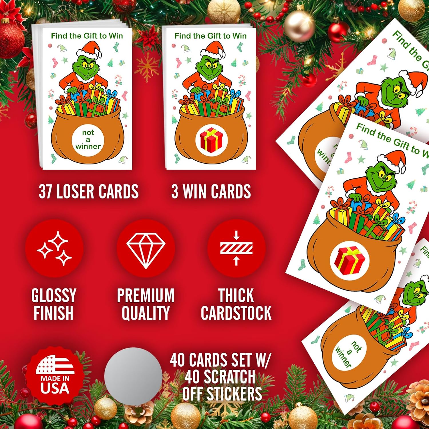 Grinch Party Game Scratch Off, Merry Christmas, Find The Gift Box To Win, Easy To Play Silly Games, Fun Idea, Ice Breaker Activity. Raffle Cards, Set Of 40 Cards Made In Usa