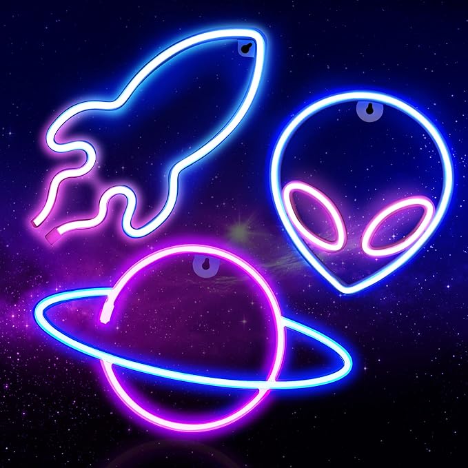 3 Pcs Space Themed LED Neon Signs USB Battery Powered Wall Decor for Kids Gaming Room