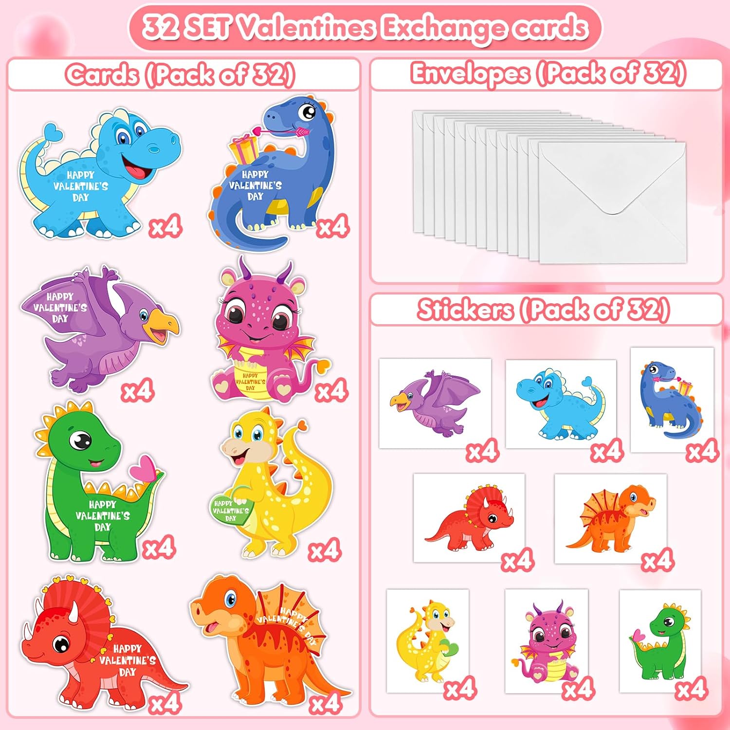 32Pack Valentine'S Day Cards For Kids, Dinosaur Valentines Cards With Tattoos And Envelopes, Happy Valentines Cards For Kids School Classroom, Party Favors Valentines Exchange Cards